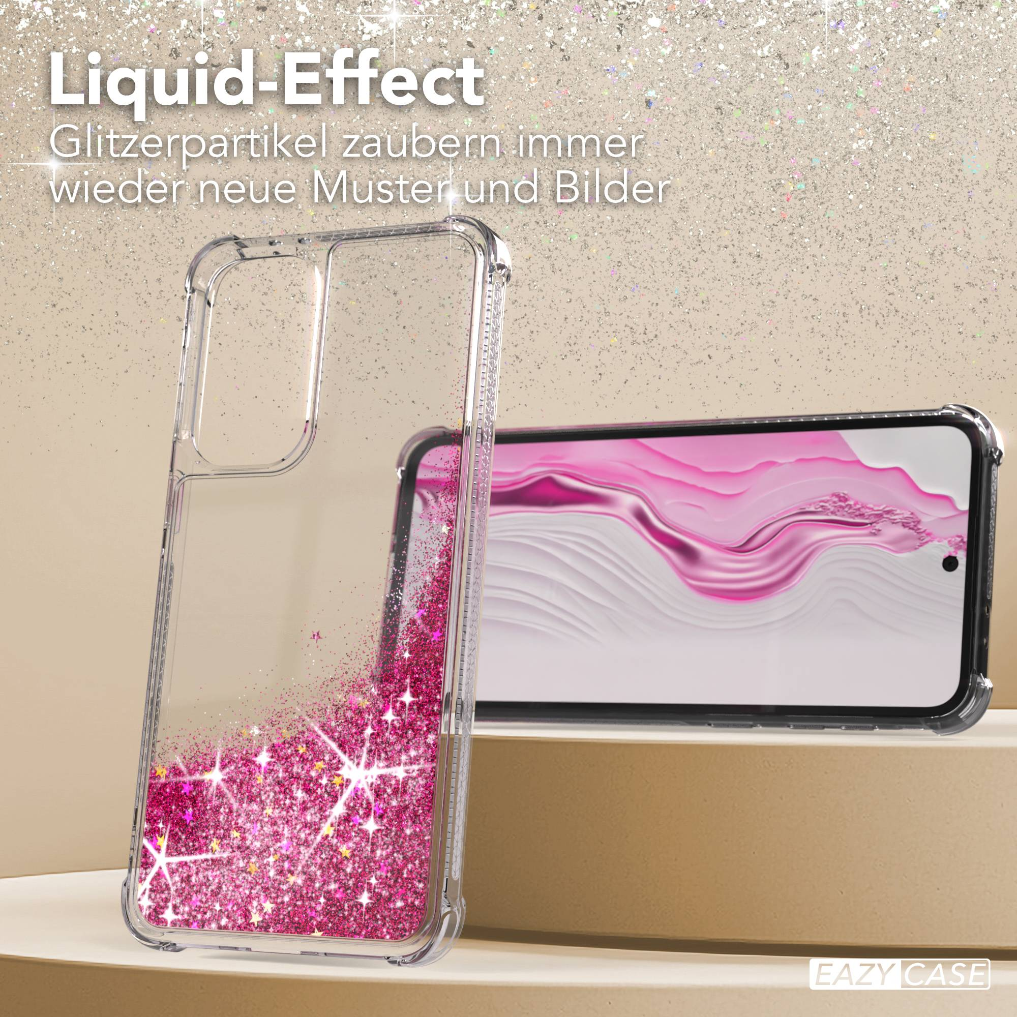 Transparente Hülle mit pinkem Glitzer und einem Handy mit pinkem Bildschirm.