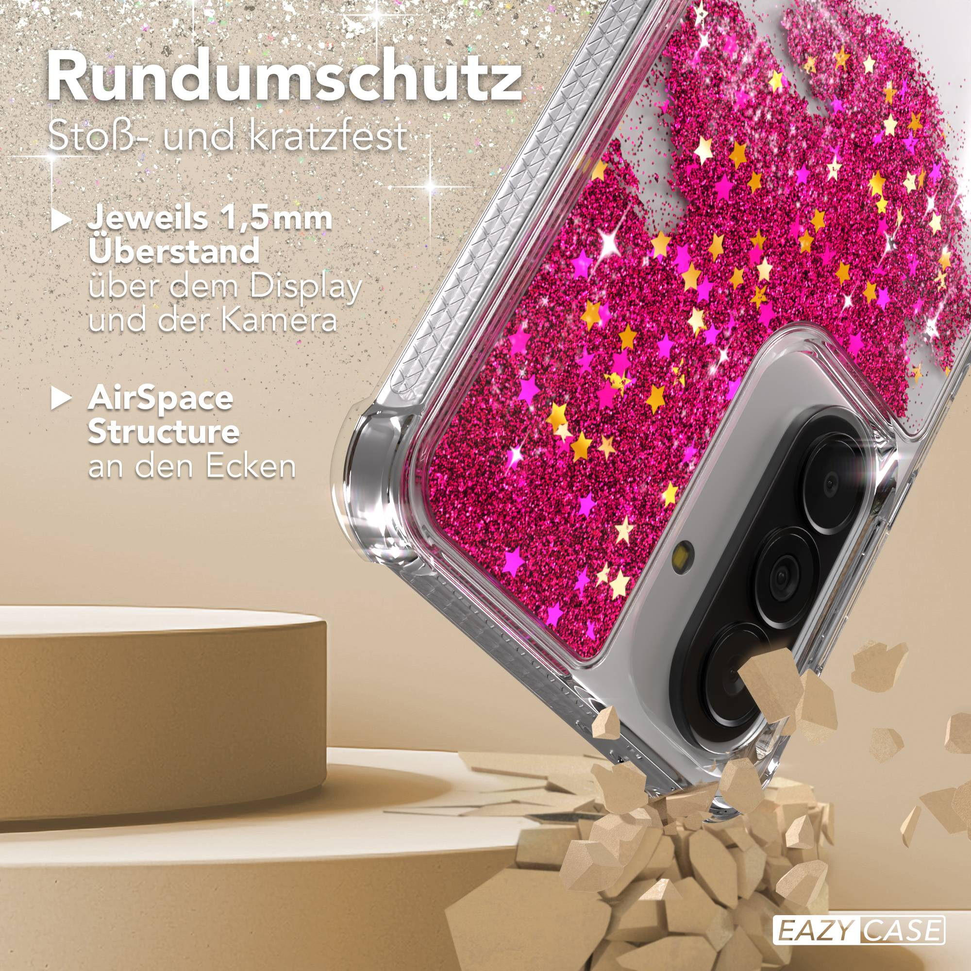 Ein durchsichtiger Handyhülle mit pinkem Glitzer und Sternen über einem Handy.