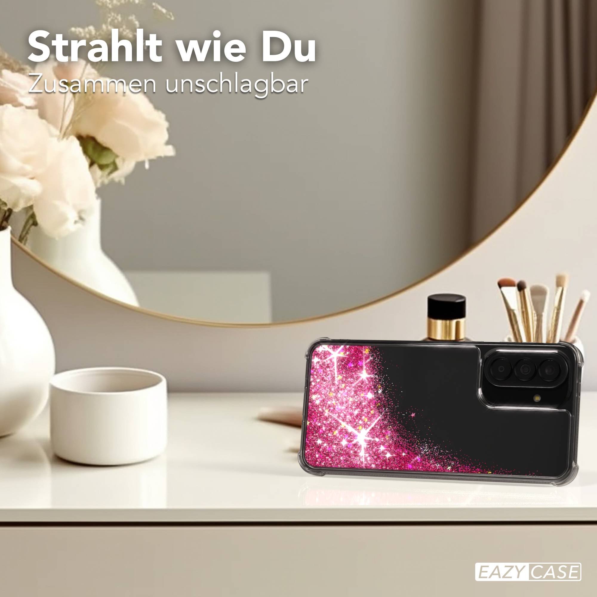 Ein schwarzes Handy-Case mit Glitzer-Effekt liegt auf einem Tisch.