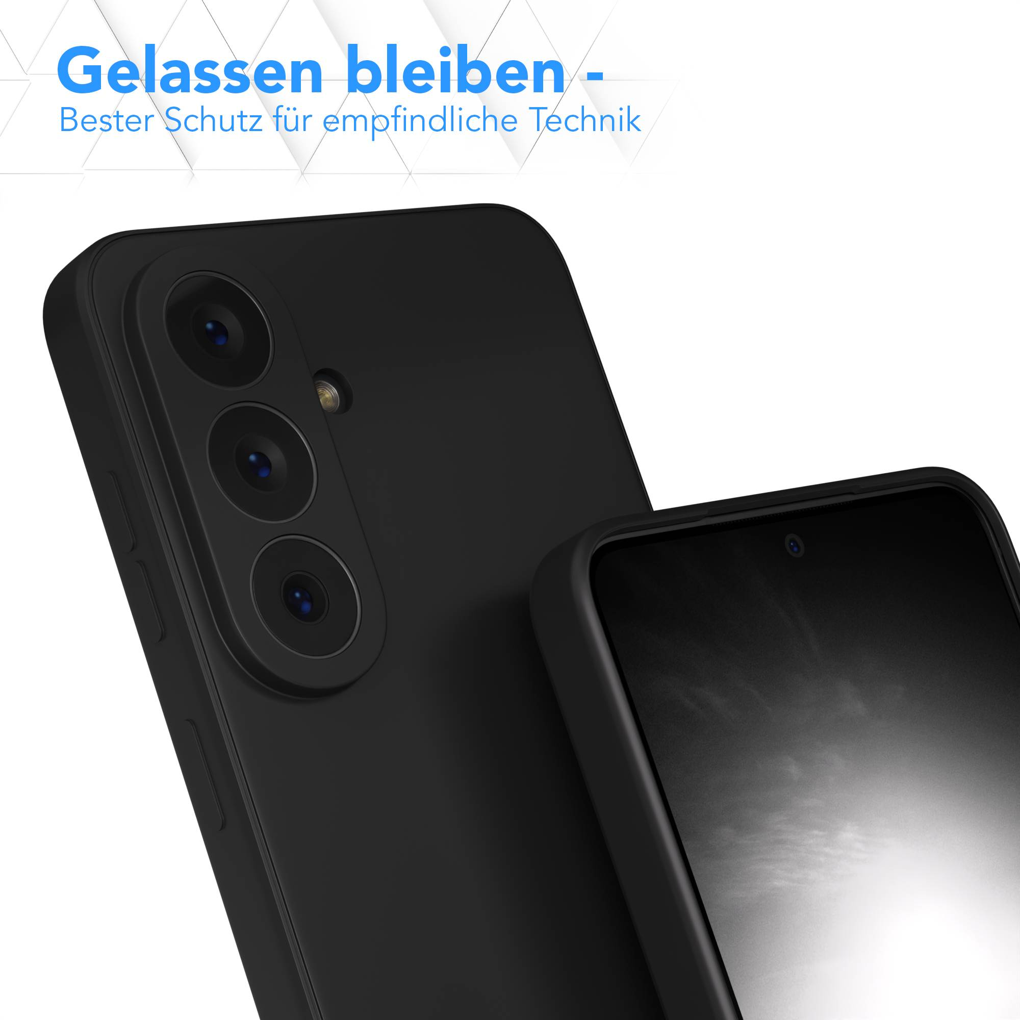 Schwarze Handyhülle mit drei Kameras und einem Display.