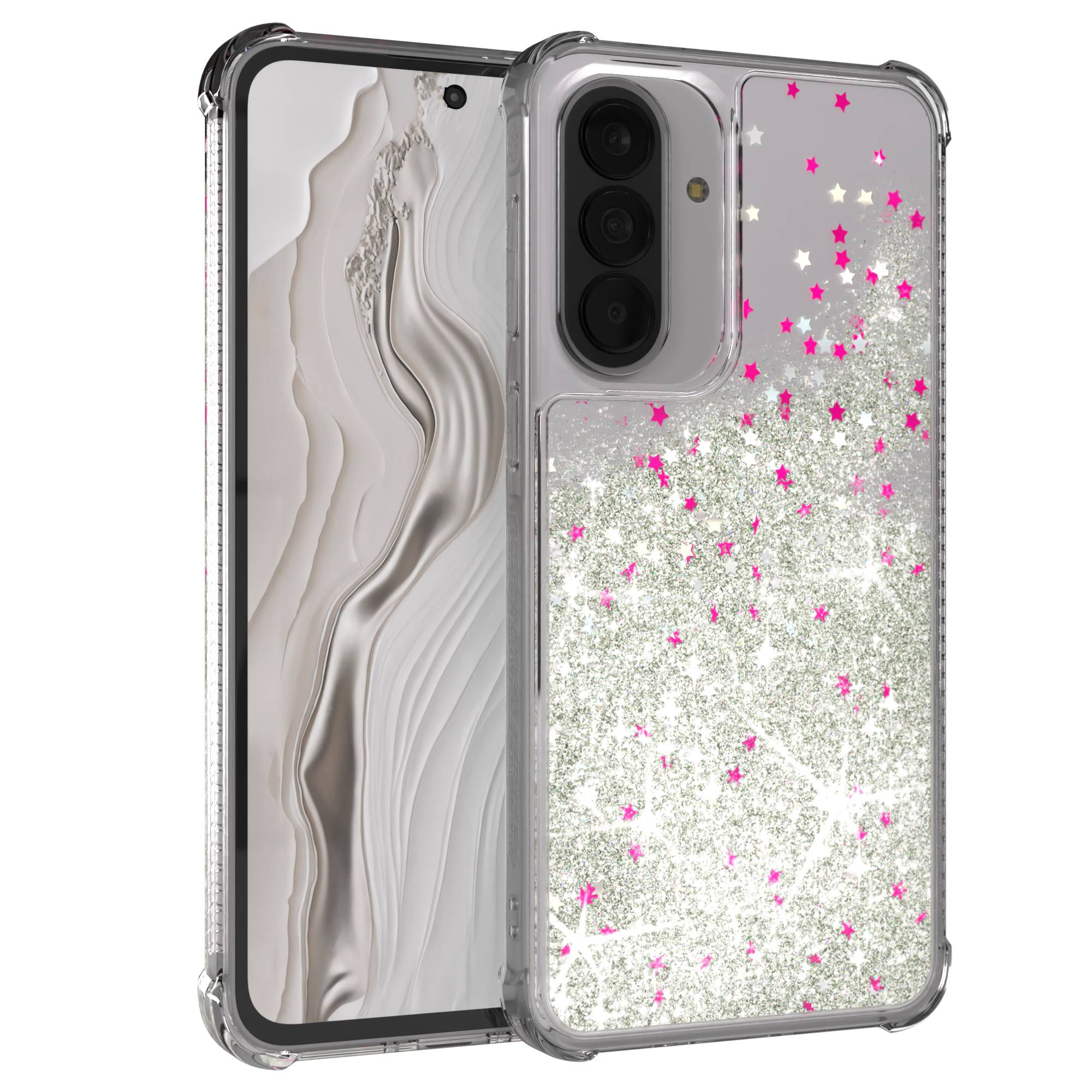 Ein transparentes Handyhülle mit silbernem Glitzer und rosa Sternen.