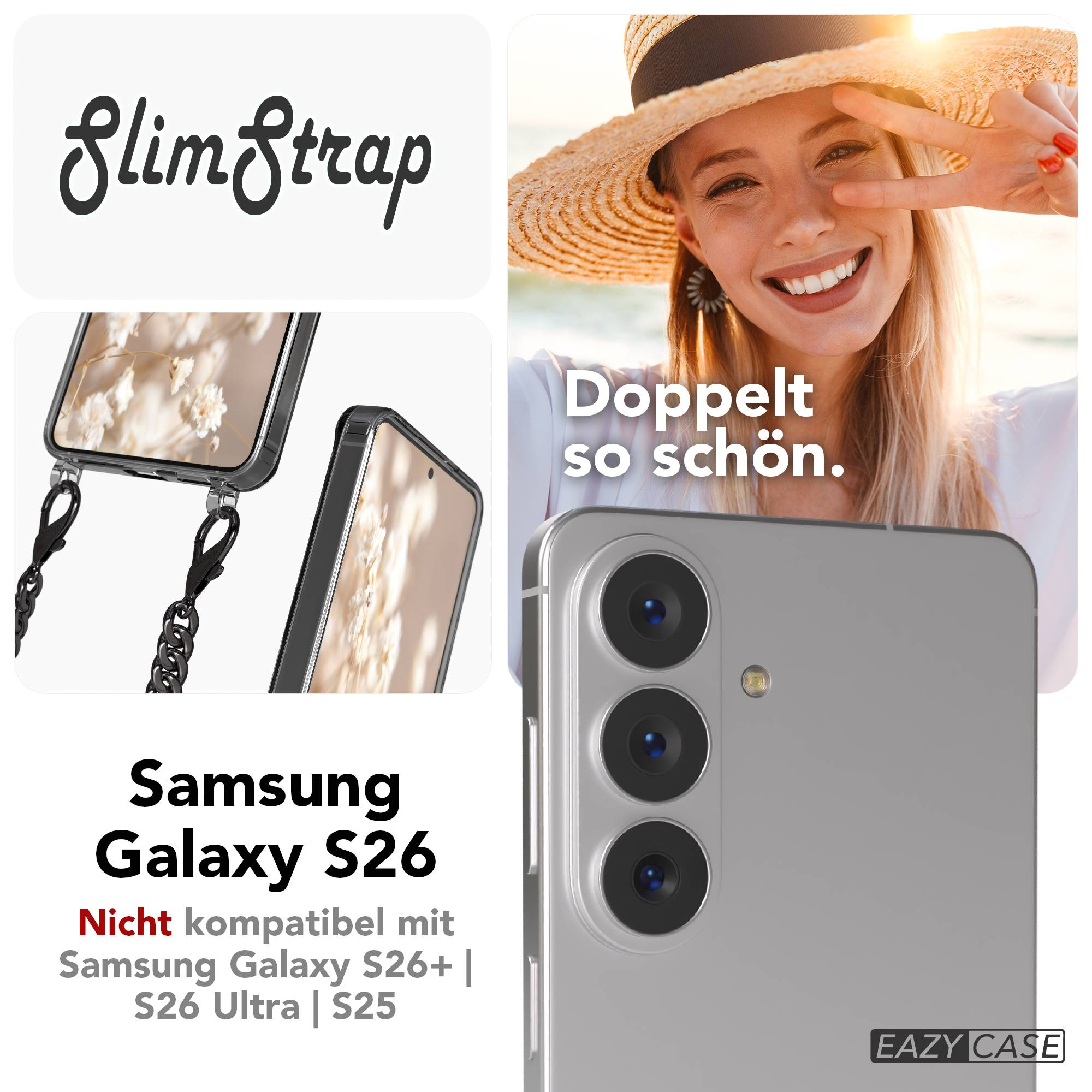 Samsung Galaxy S26 Hülle mit Kette und Frau mit Hut.