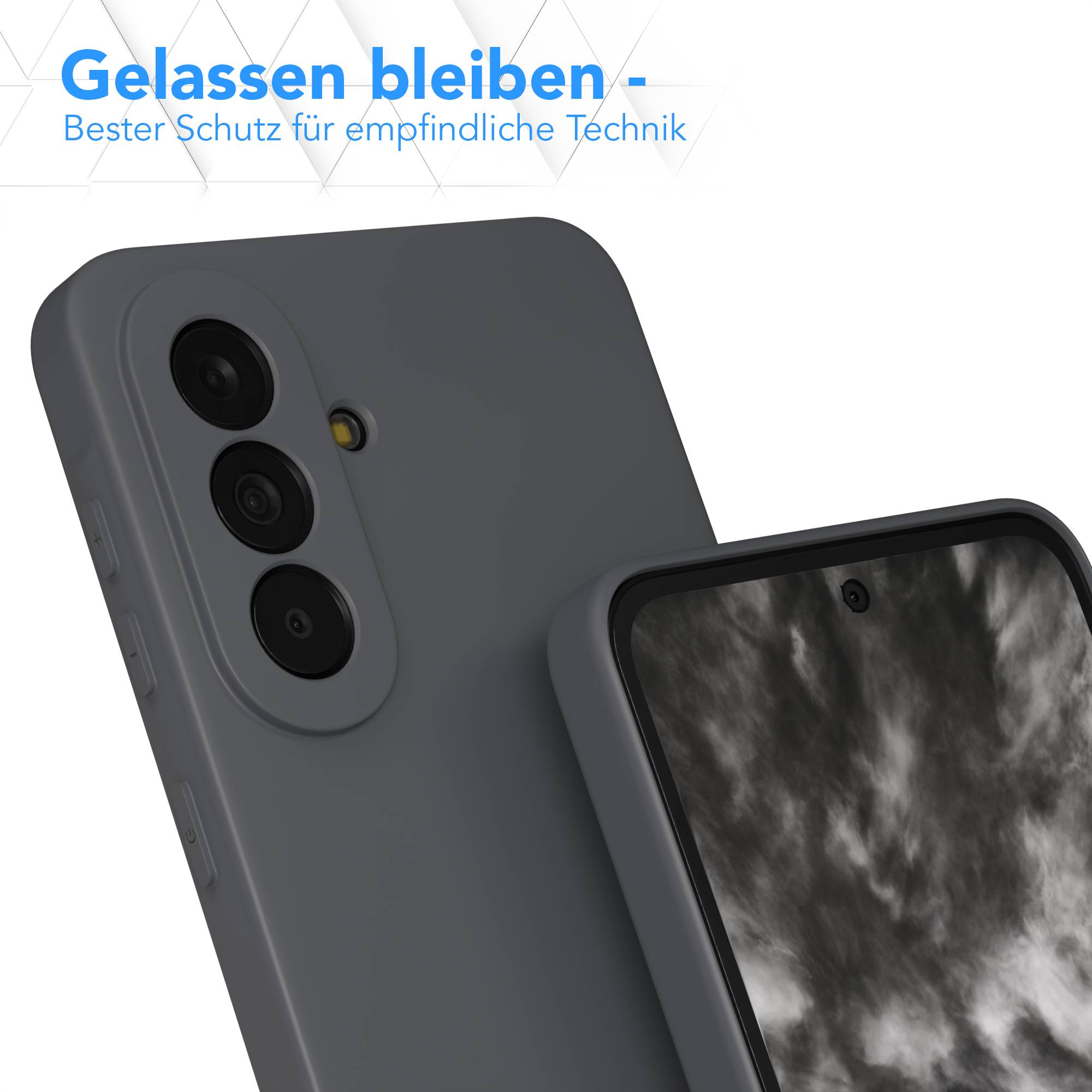 Graue Handyhülle mit dreifacher Kamera und Display.