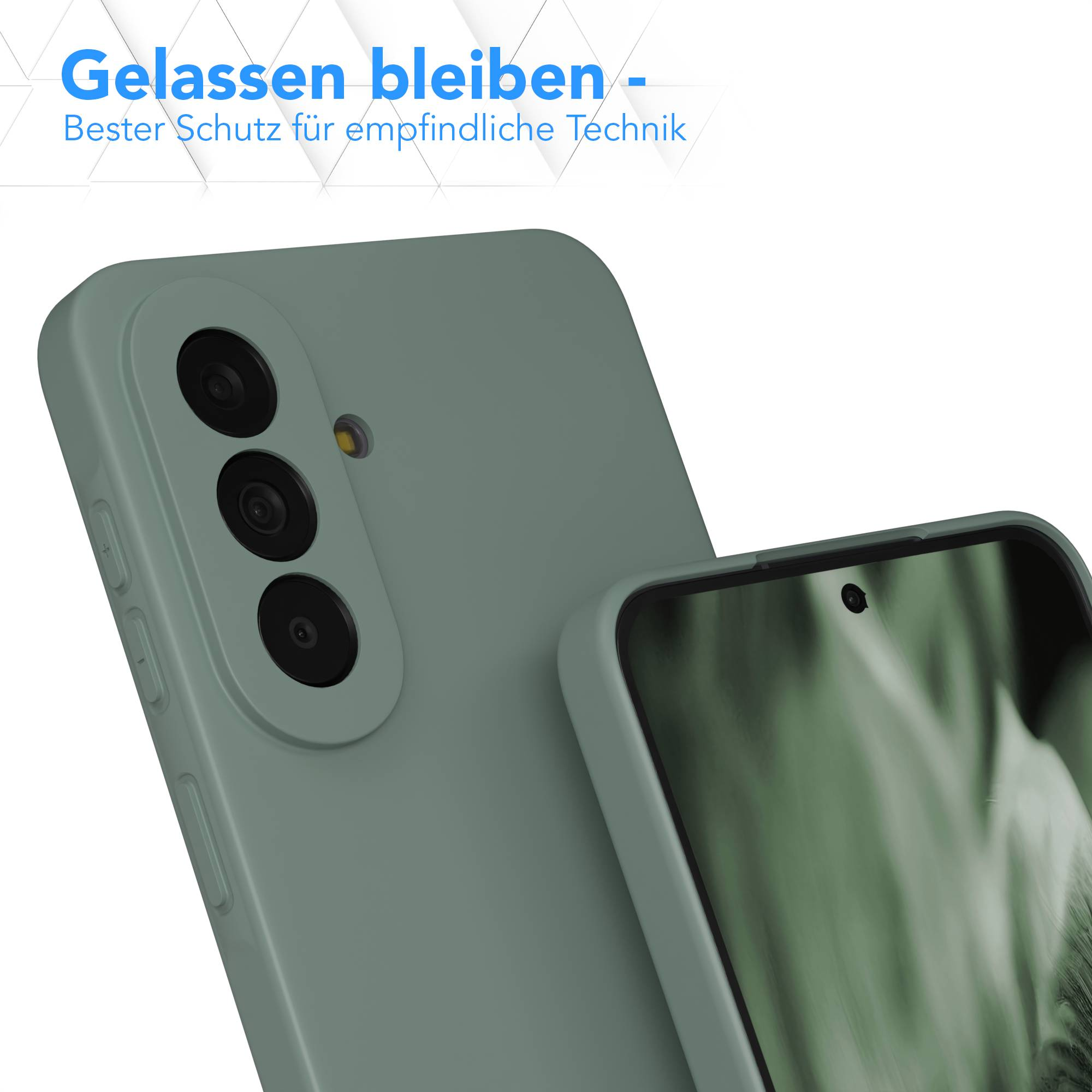 Grüne Handyhülle mit Kameramodul und Tasten. Vorderseite mit Bildschirmansicht.