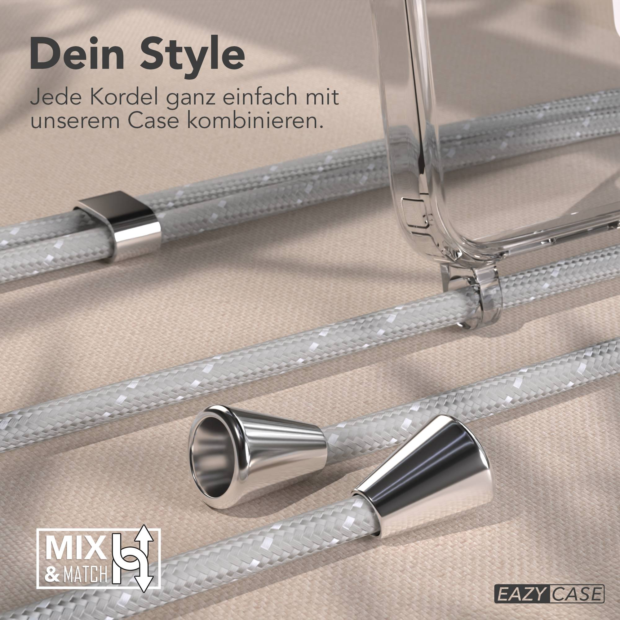 Graue Kordeln mit silbernen Endstücken und einem transparenten Handyhülle-Detail.