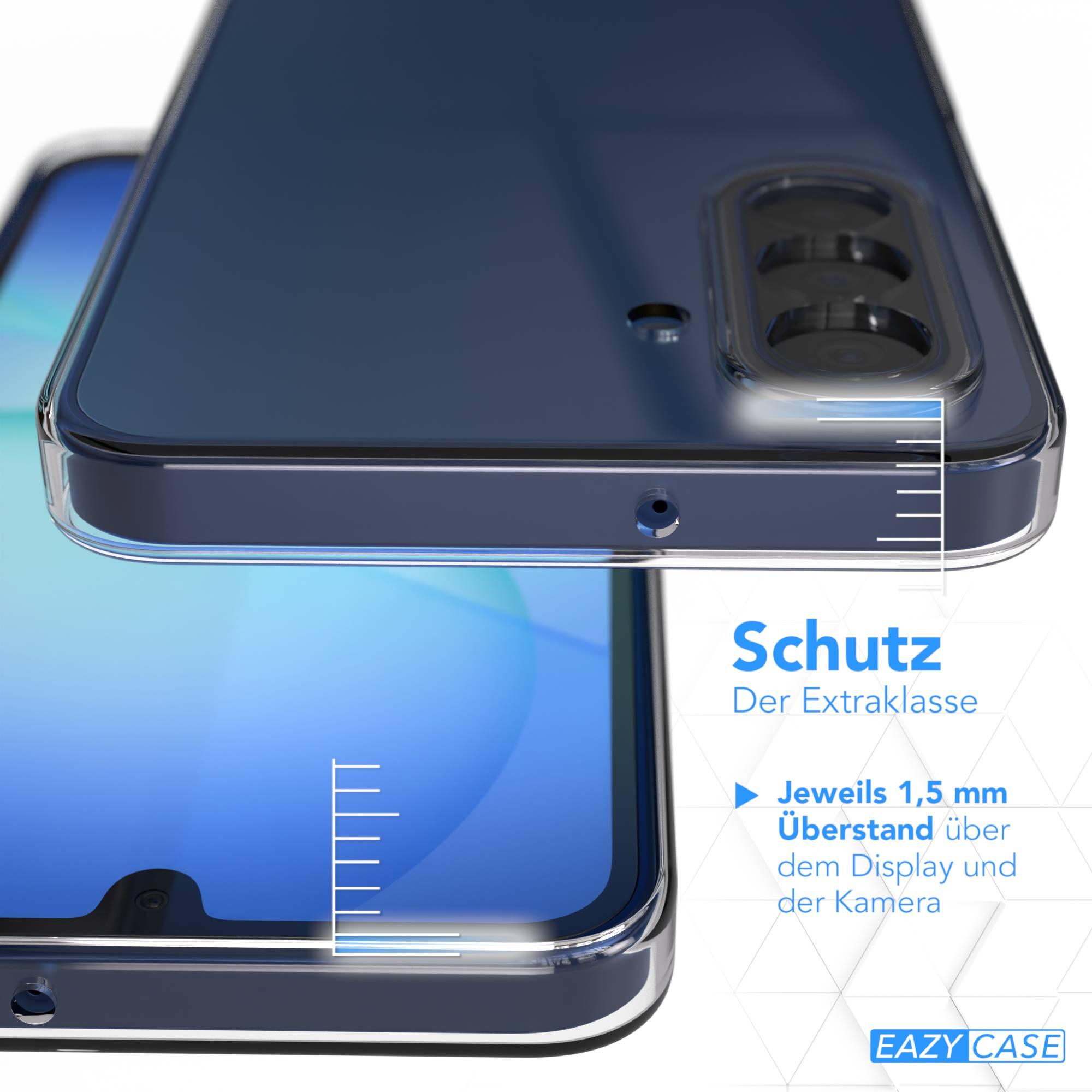 Transparente Schutzhülle mit Maßangaben für Display und Kamera.