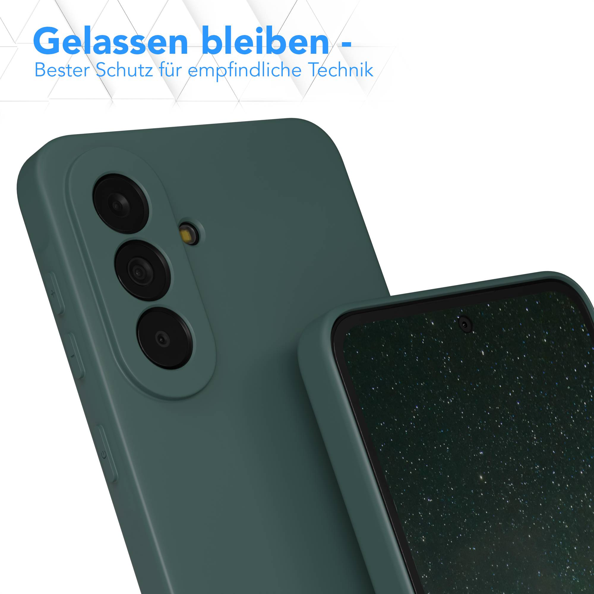 Dunkelgrüne Handyhülle mit drei Kameras und einem Blitz. Display mit Sternenhintergrund.