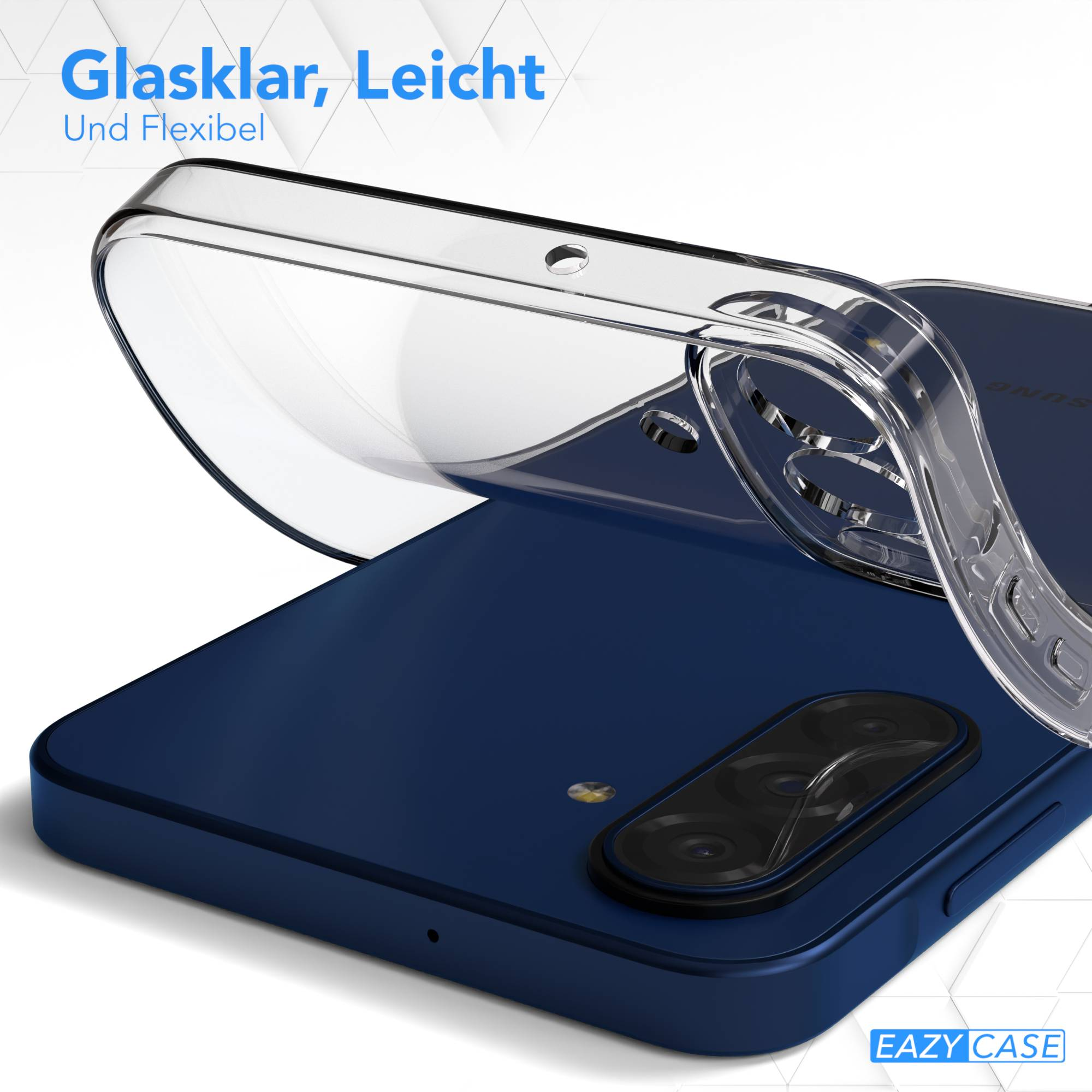 Ein durchsichtiger Handyhülle über einem dunkelblauen Handy.