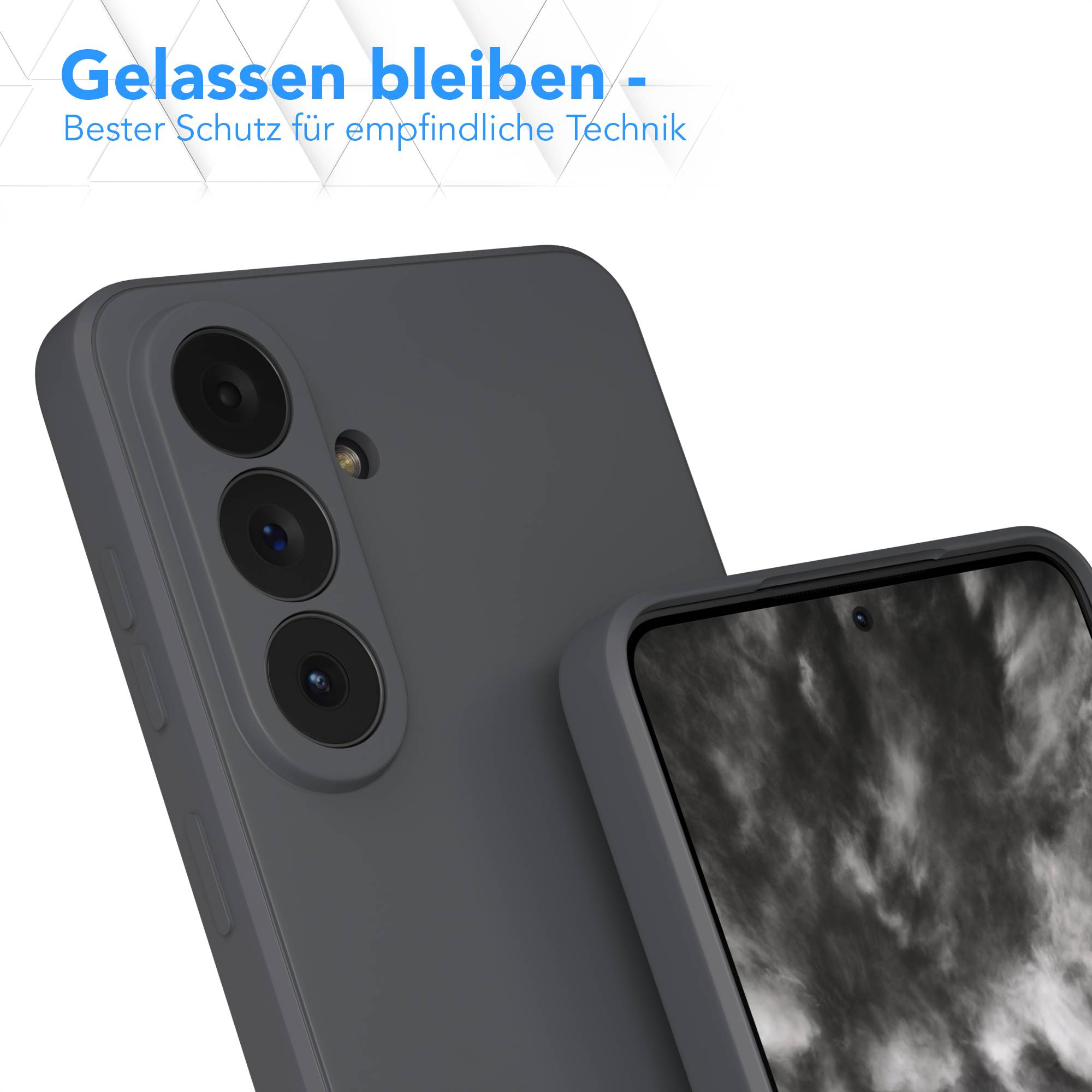 Graue Handyhülle mit drei Kameralinsen und einem Blitz.
