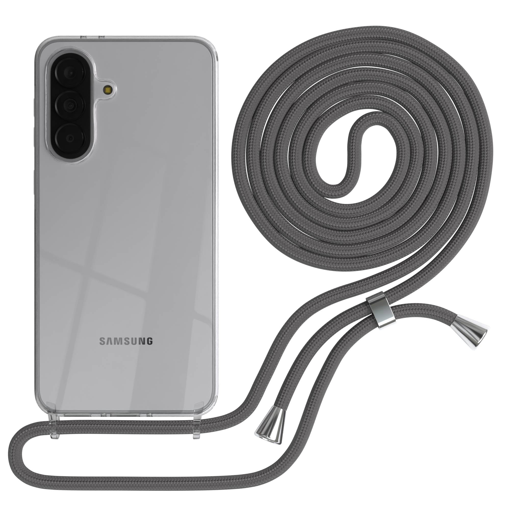 Transparente Hülle für ein Samsung-Handy mit einer grauen Umhängekordel.