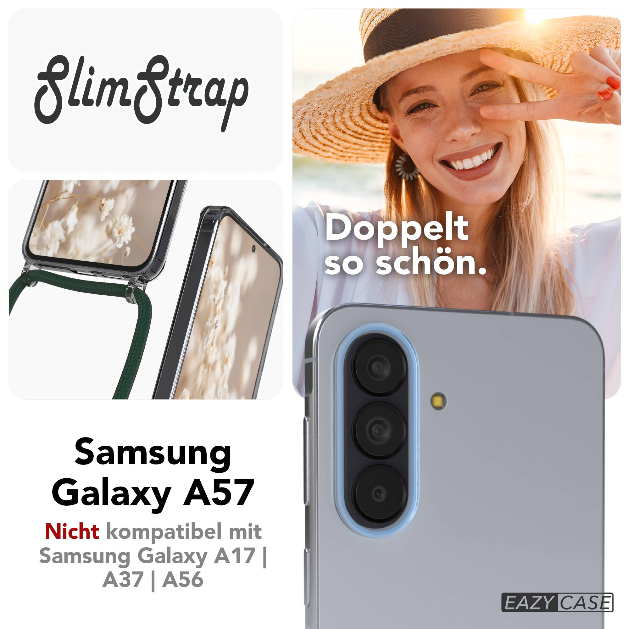 Eine Frau mit Hut macht V-Zeichen über einem Samsung Galaxy A57.