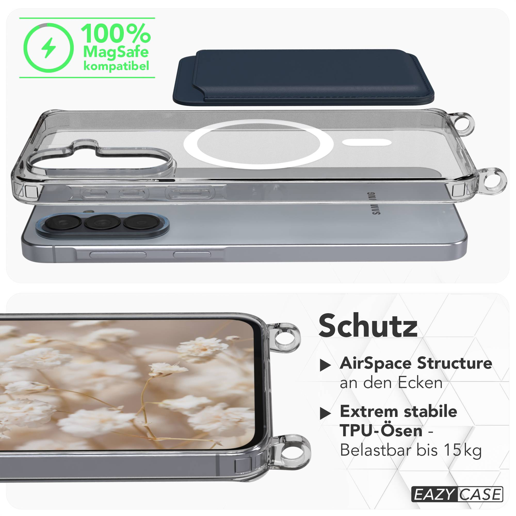 Transparente Handyhülle mit MagSafe, dunkelblauem Kartenhalter und Handy.