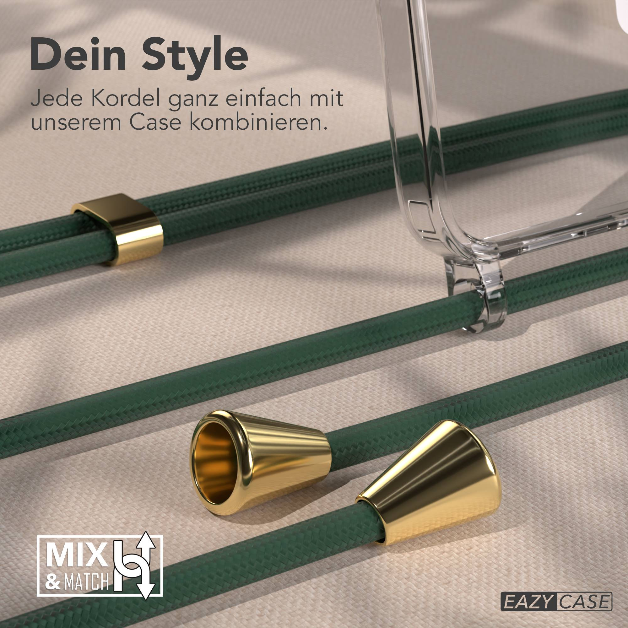 Drei grüne Kordeln mit goldenen Endstücken und einem transparenten Case.
