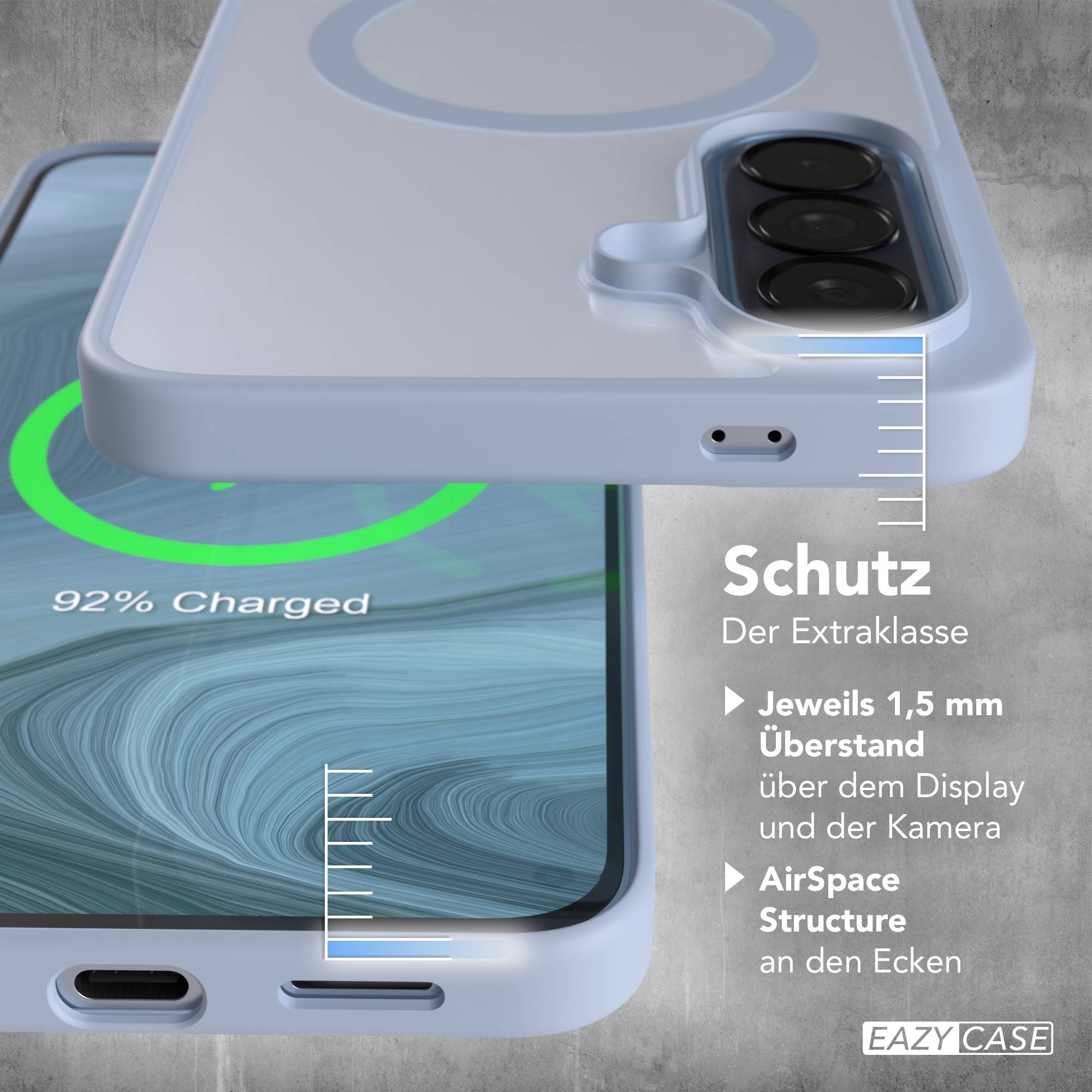 Ein hellblaues Handy im Schutzgehäuse, 92% geladen, mit Kamera und Ladeanschluss.