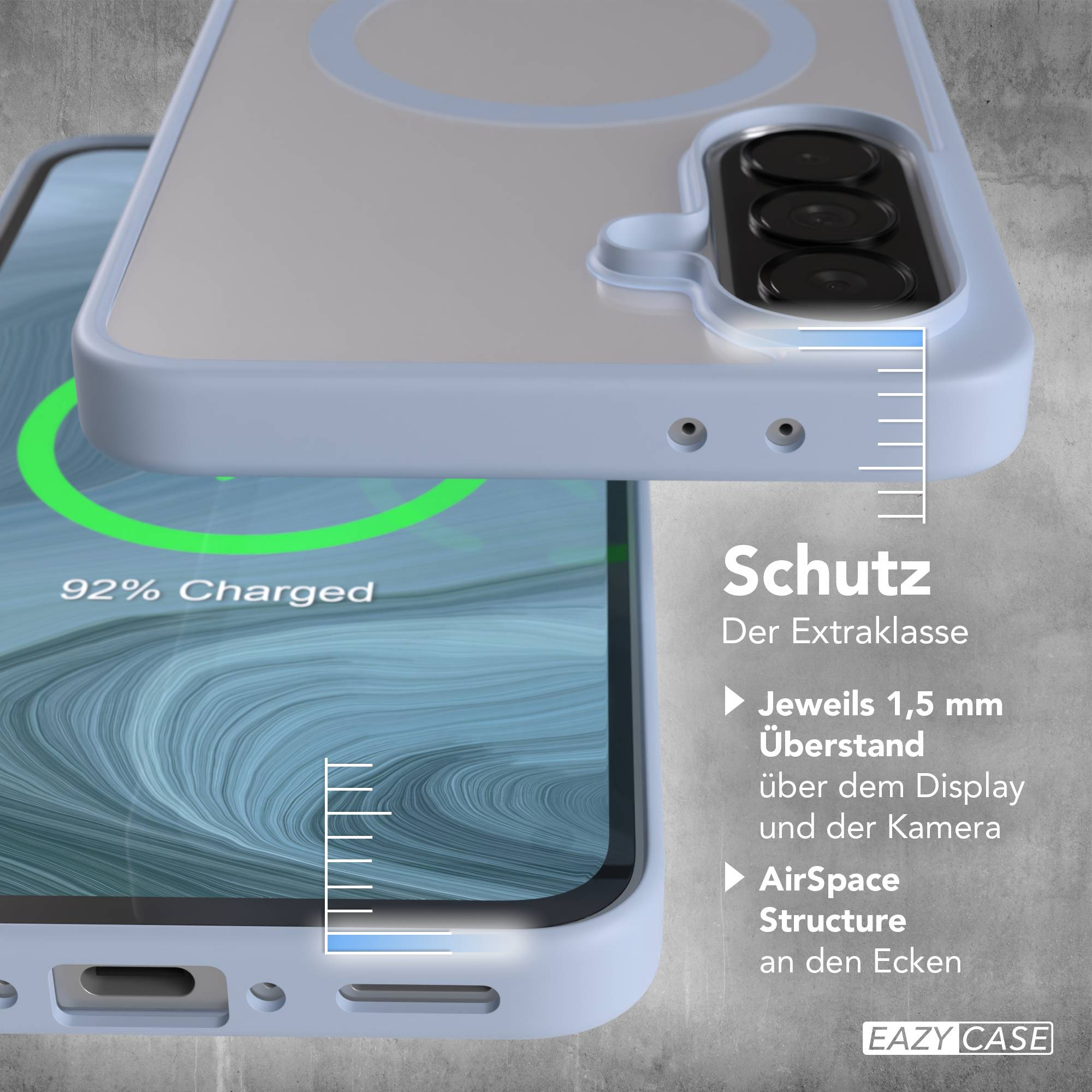 Ein Smartphone mit Schutzhülle, 92% geladen. Text: Schutz, AirSpace Structure.