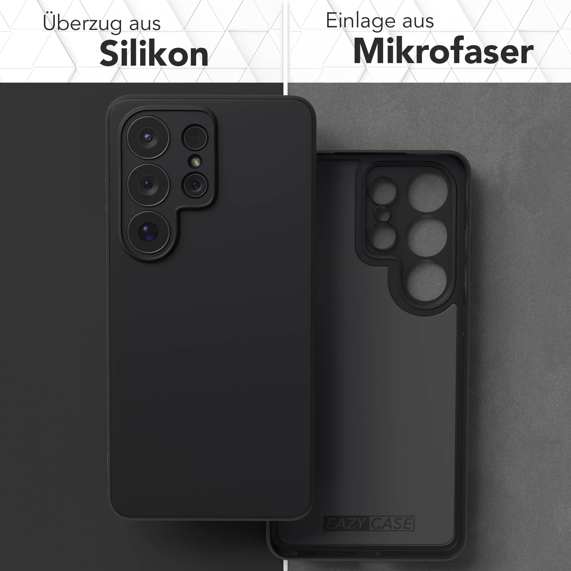 Schwarze Handyhülle aus Silikon und Mikrofaser mit Kameramodul.
