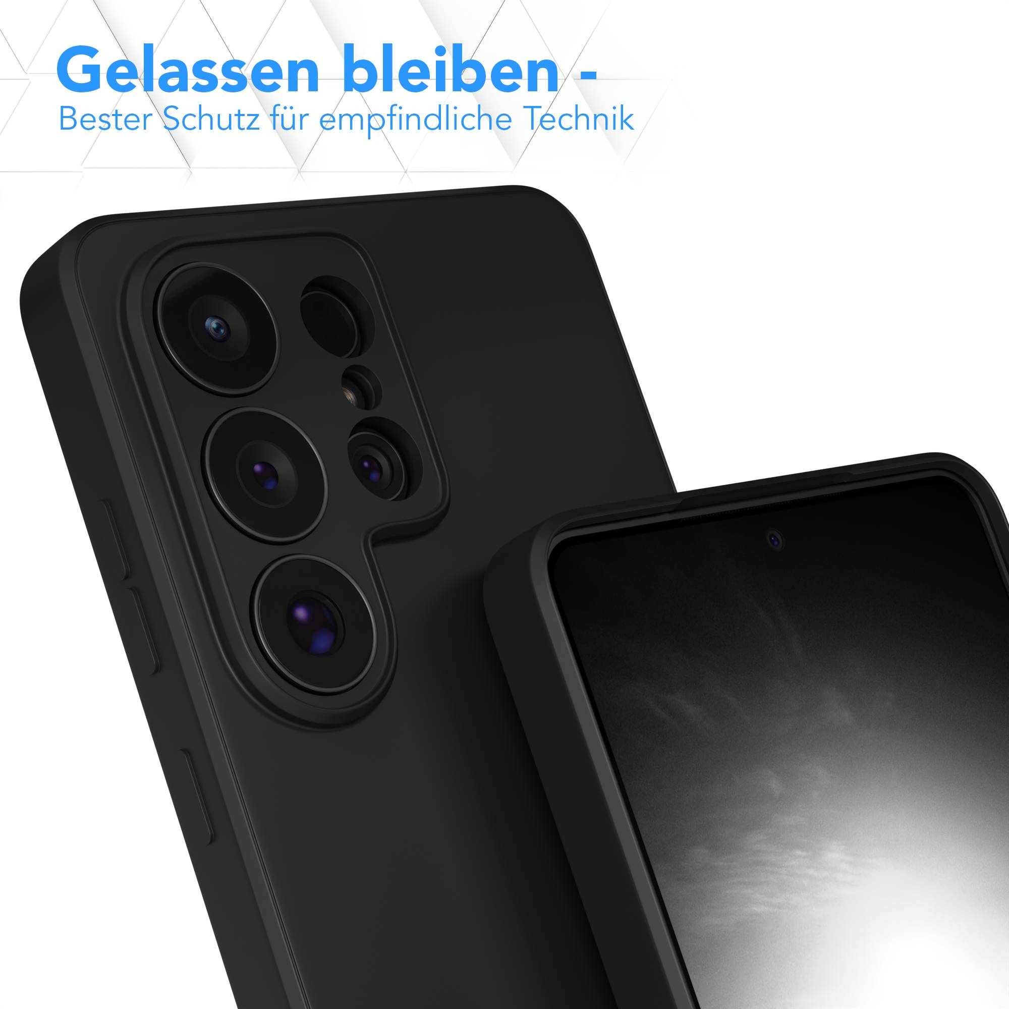 Schwarzes Handy mit mehreren Kameras und einem Display, das einen Himmel zeigt.