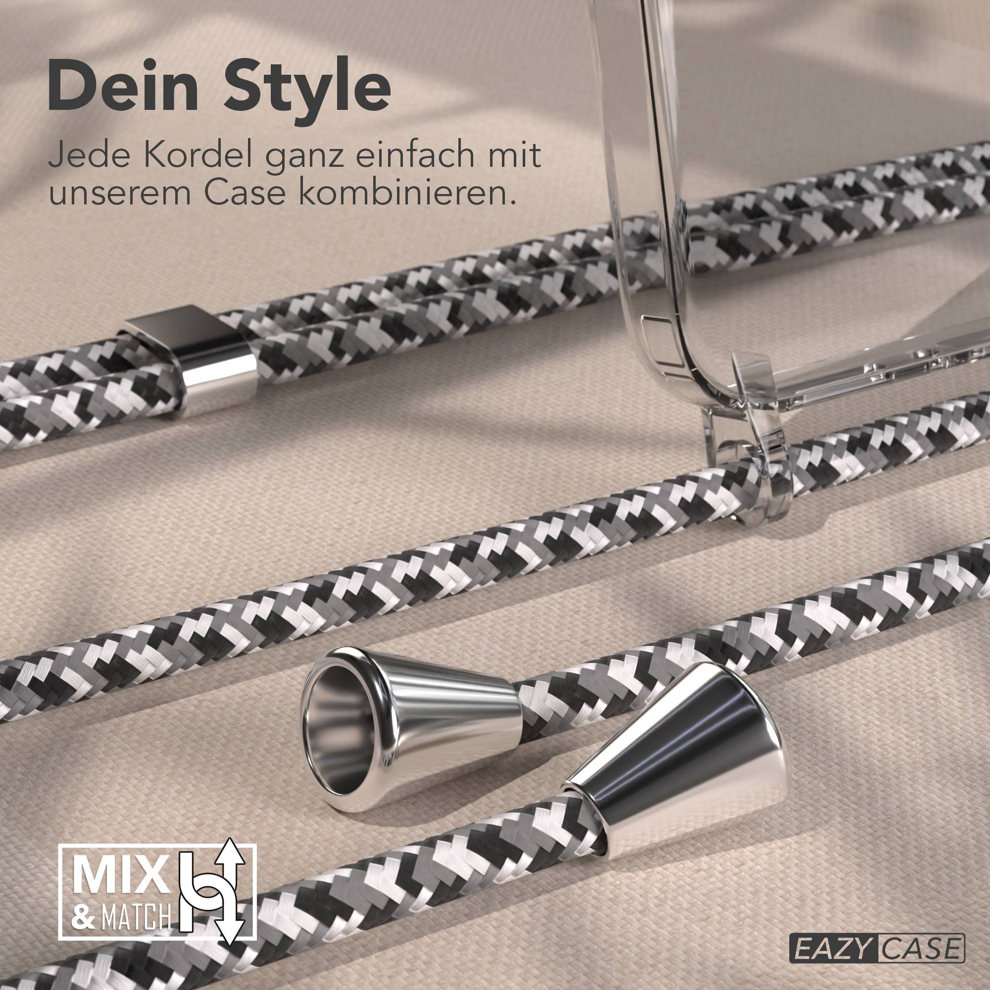 Graue und weiße Kordeln mit Metallspitzen und einem transparenten Handyhülle.