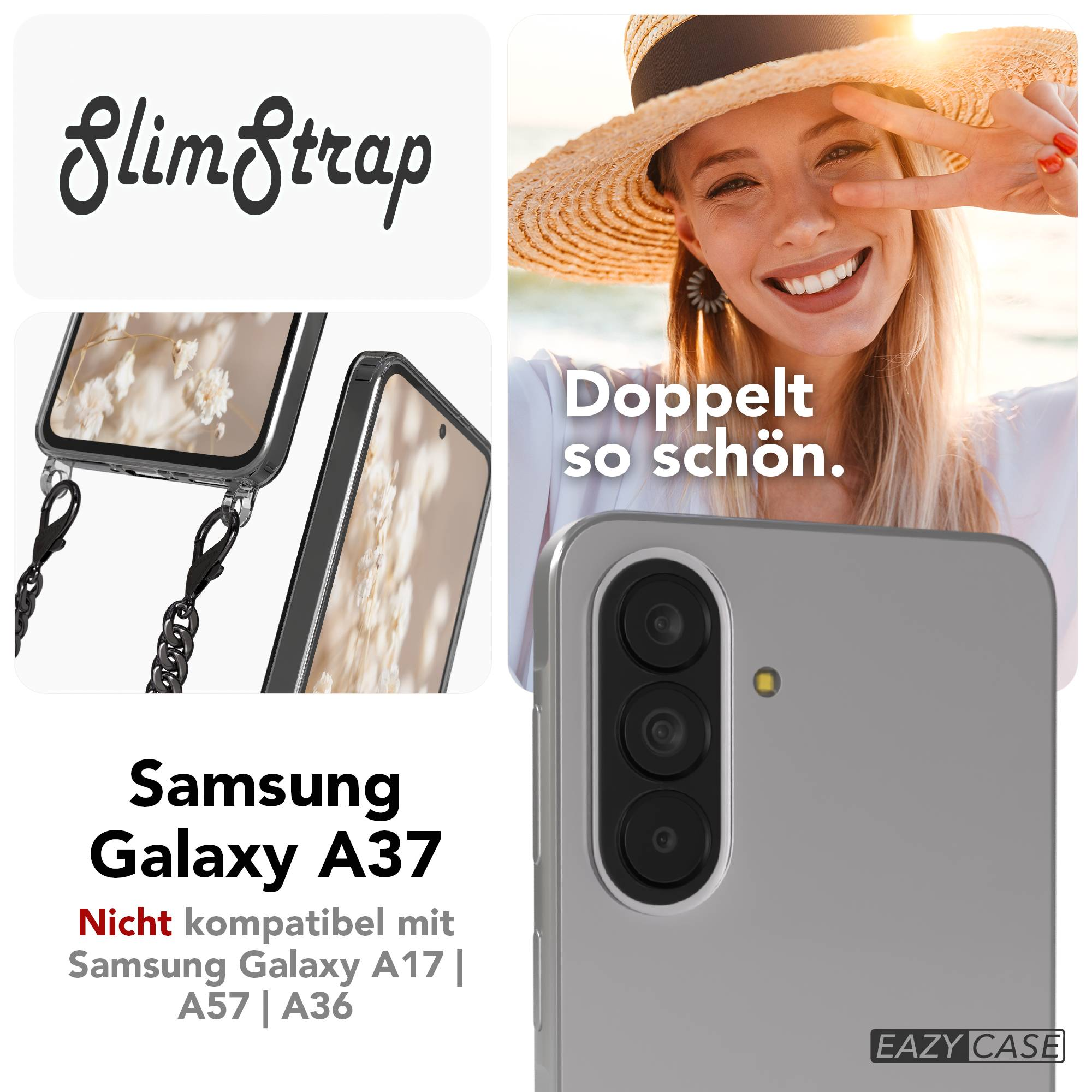Samsung Galaxy A37 Hülle mit Band, Frau mit Hut lächelt, Schriftzug 'SlimStrap'.
