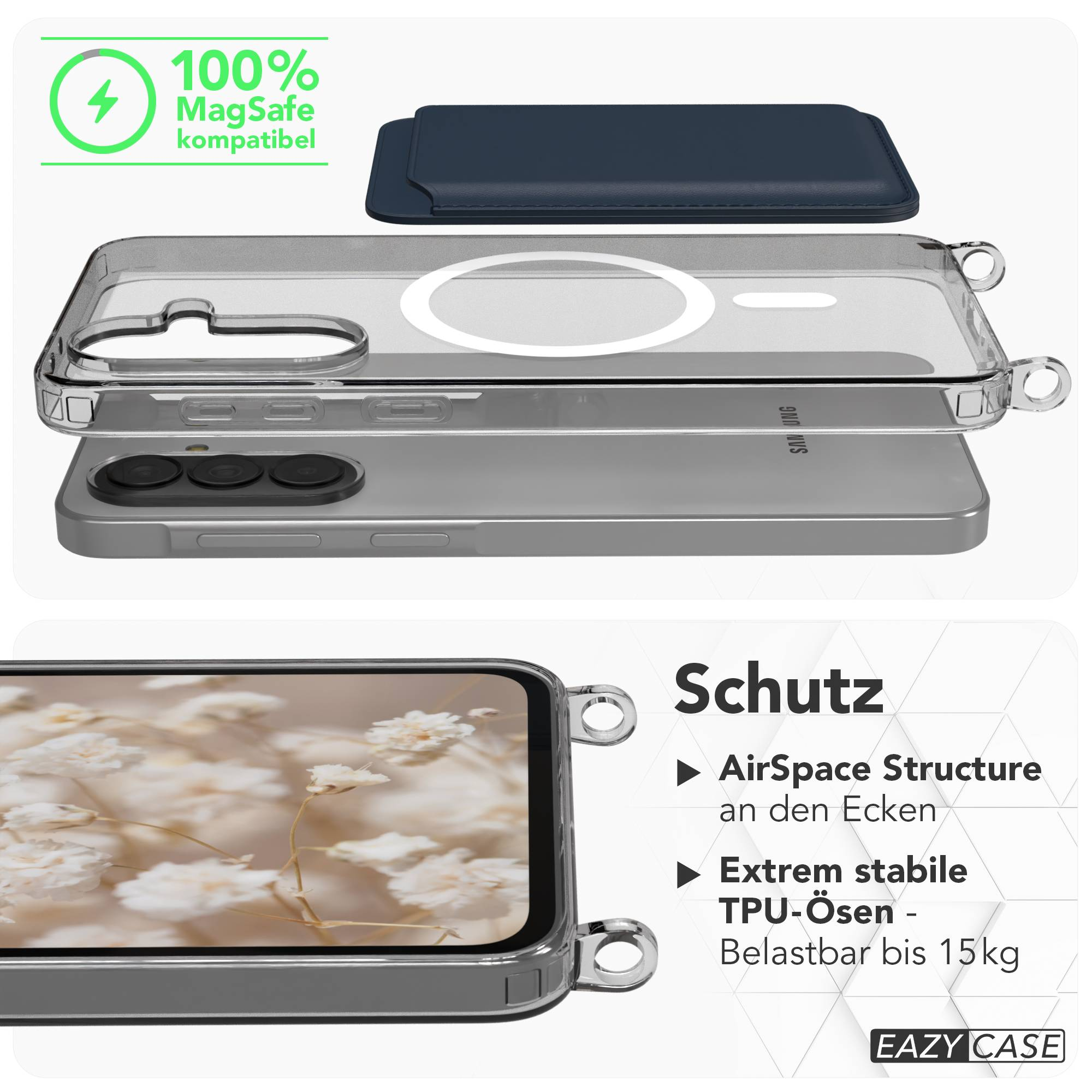Ein transparentes Handycase liegt über einem Handy. Ein dunkler Kartenhalter liegt oben.