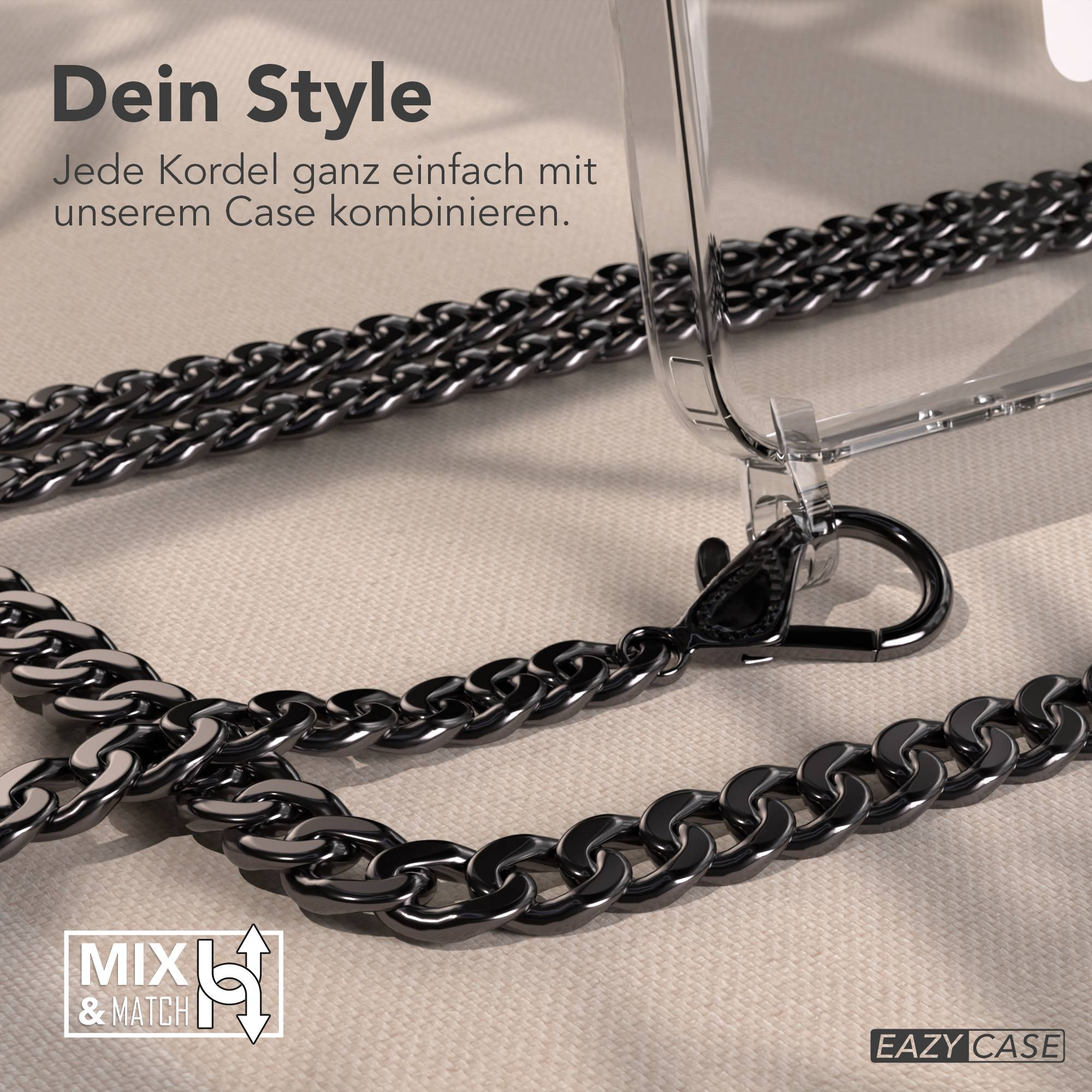 Ein silbernes Handyhüllen-Kabel und ein Teil einer durchsichtigen Hülle.