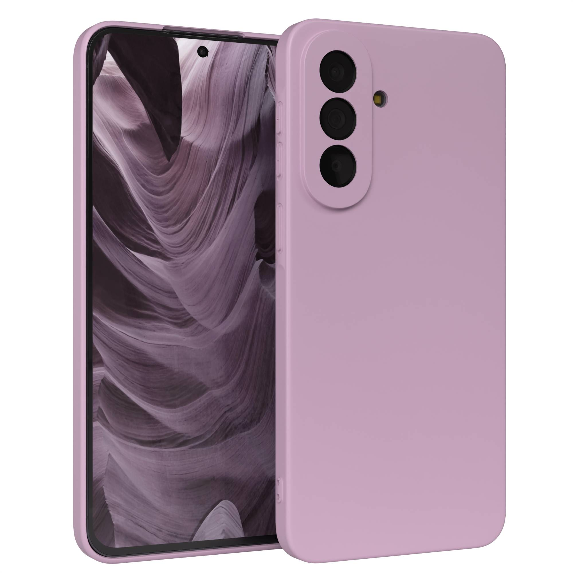 Ein lilafarbenes Smartphone mit drei Kameras und einem Wellenmuster auf dem Bildschirm.