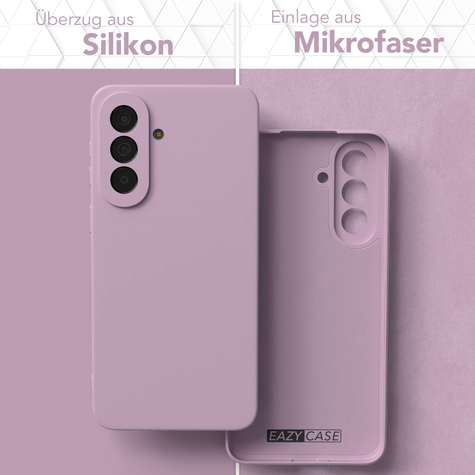 Lila Handyhülle aus Silikon und Mikrofaser mit Kameraöffnung.