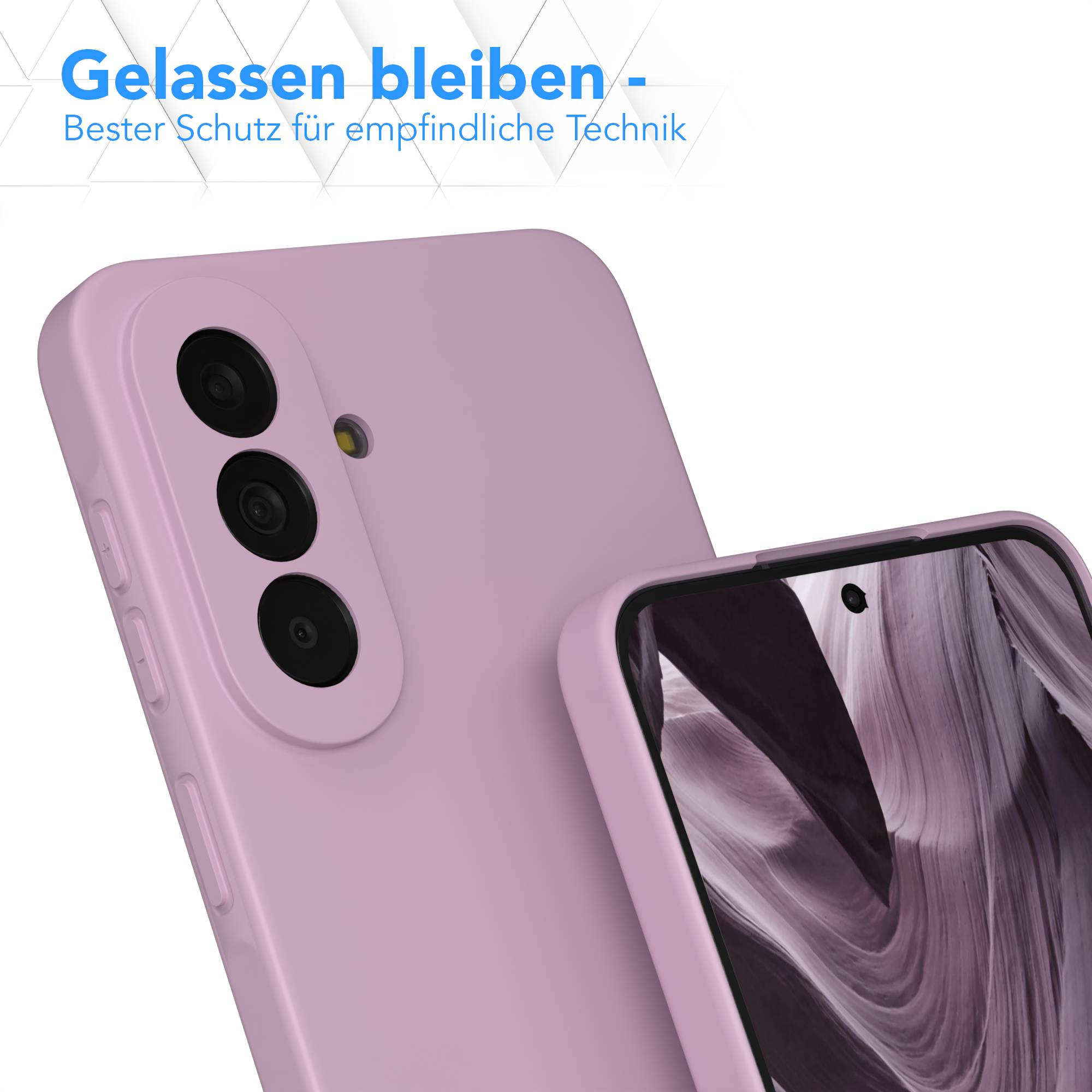 Ein lila Handyhülle mit drei Kameralinsen und ein Smartphone-Bildschirm.