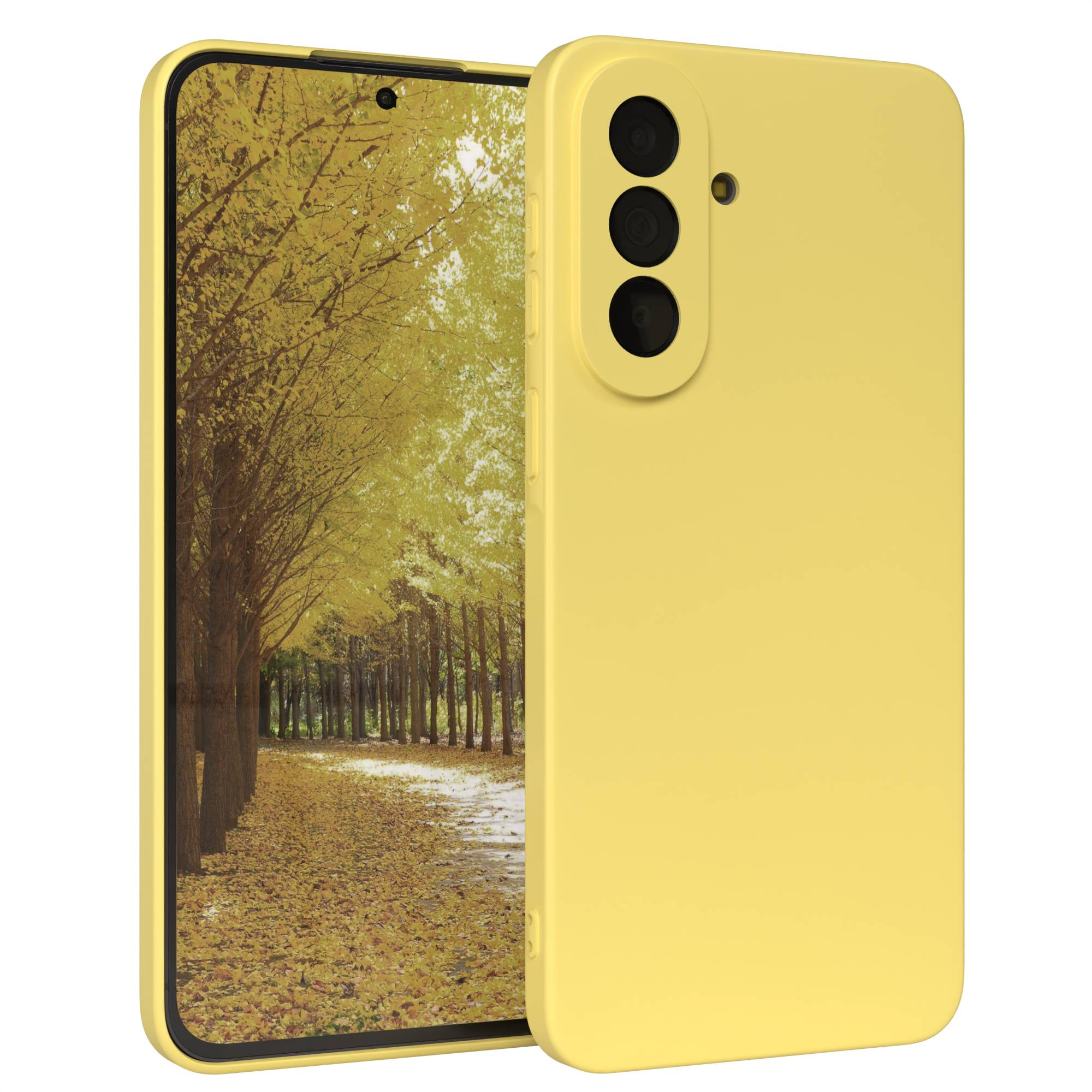Ein gelbes Smartphone mit drei Kameras und einem Bildschirm mit Herbstbaum-Hintergrund.