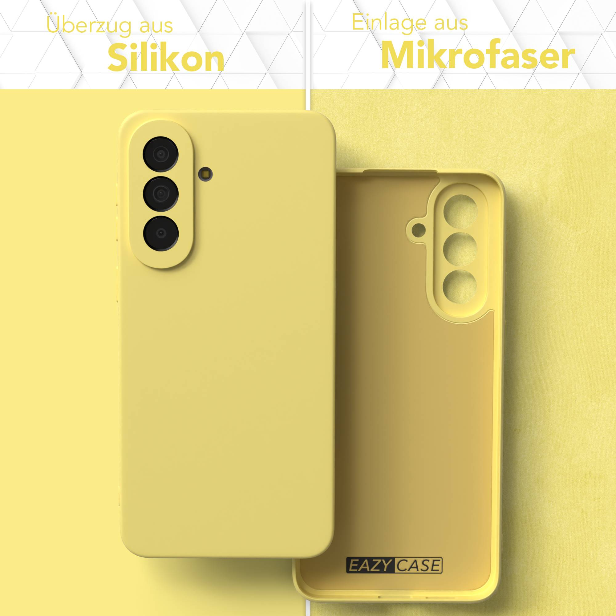 Gelbe Handyhülle aus Silikon und Mikrofaser, mit Kamerainsel und Logo.