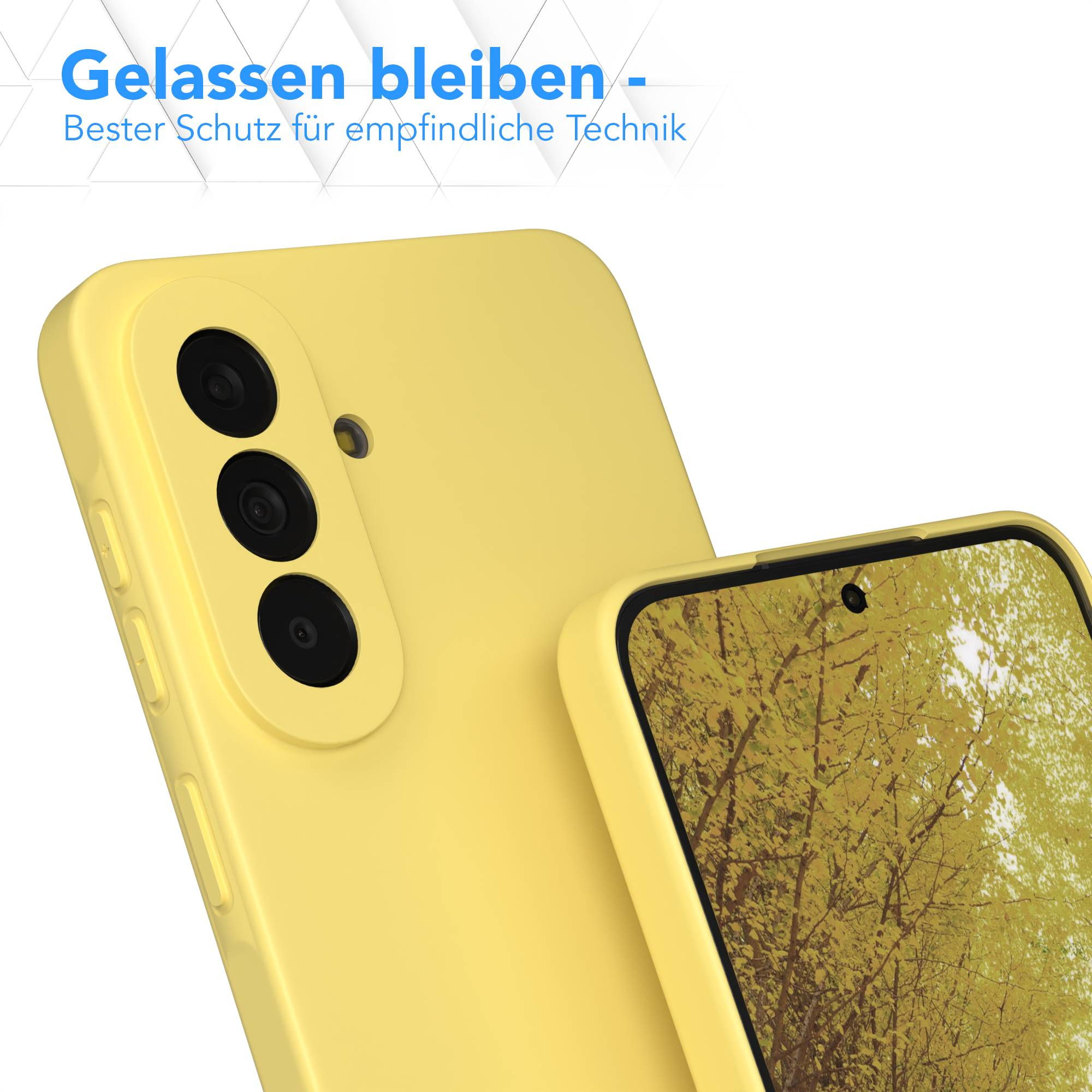 Gelbe Handyhülle mit sichtbaren Kameralinsen und Bildschirm mit Baummotiv.