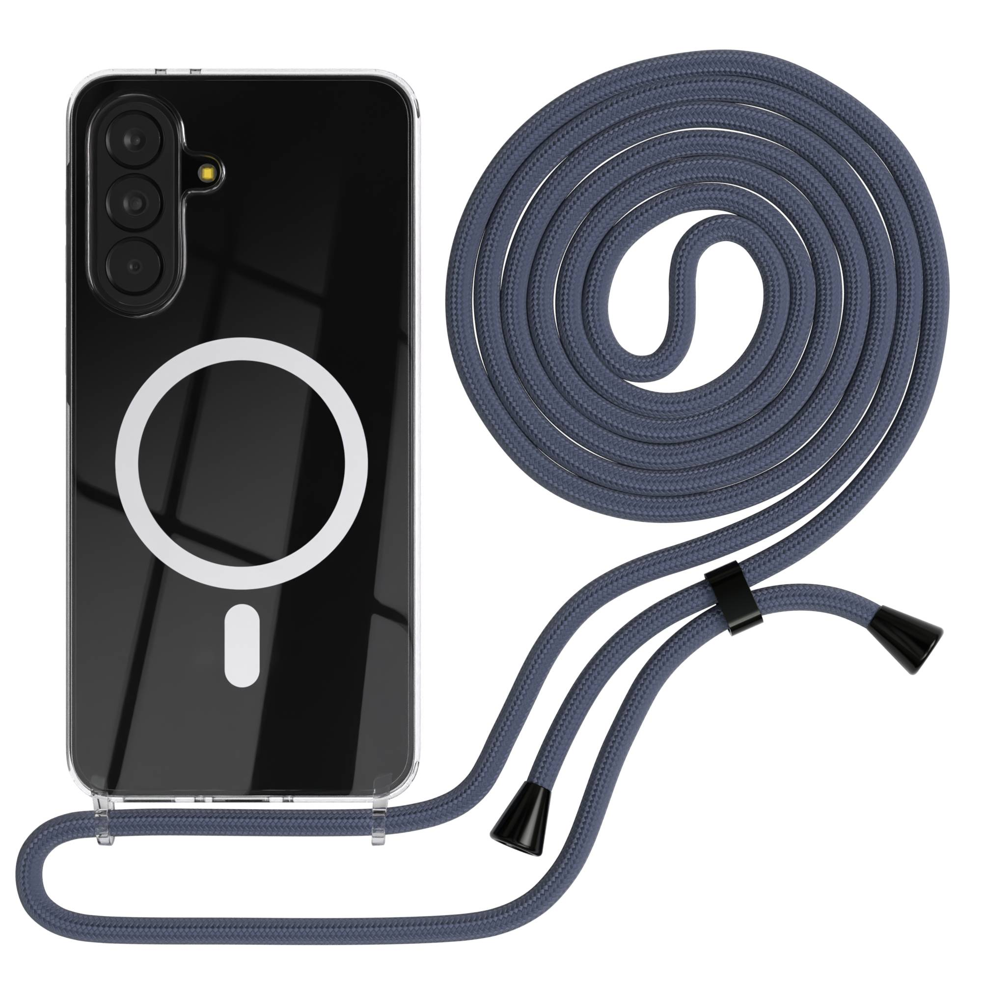 Transparente Hülle mit Magnetring und Lanyard. Weiße Elemente auf schwarzem Hintergrund.