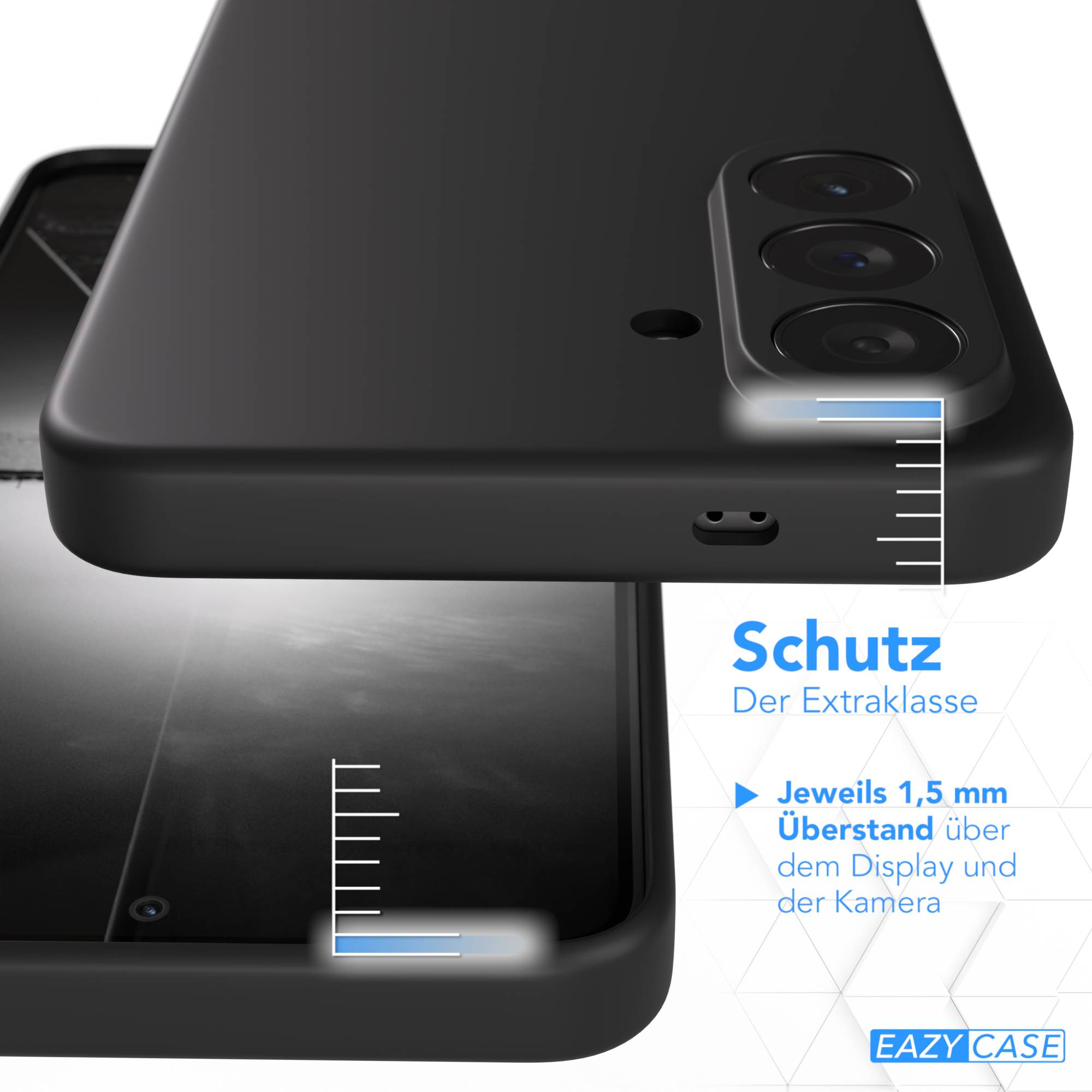 Schwarze Handyhülle mit Kamerainsel und Maßangaben für Schutz.