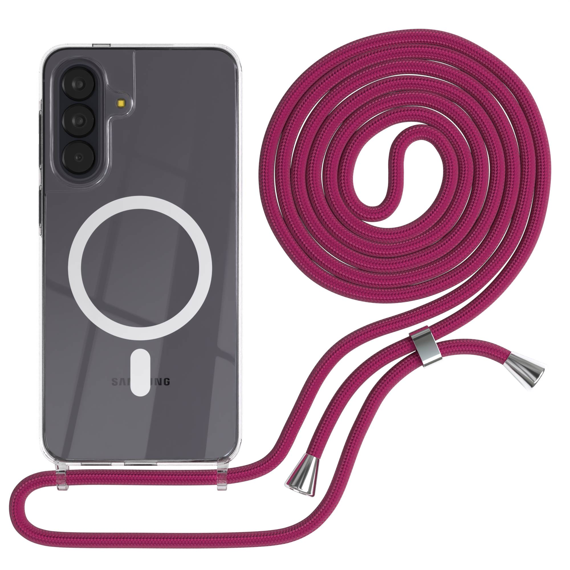 Ein transparentes Handyhülle mit einem MagSafe-Ring und einem pinken Band.