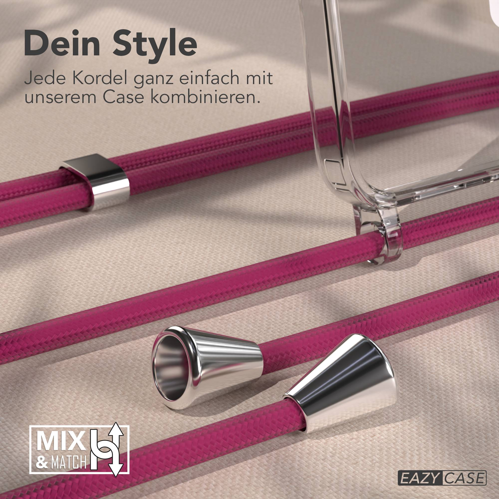 Ein durchsichtiger Handyhülle mit pinken Kordeln und silbernen Akzenten.