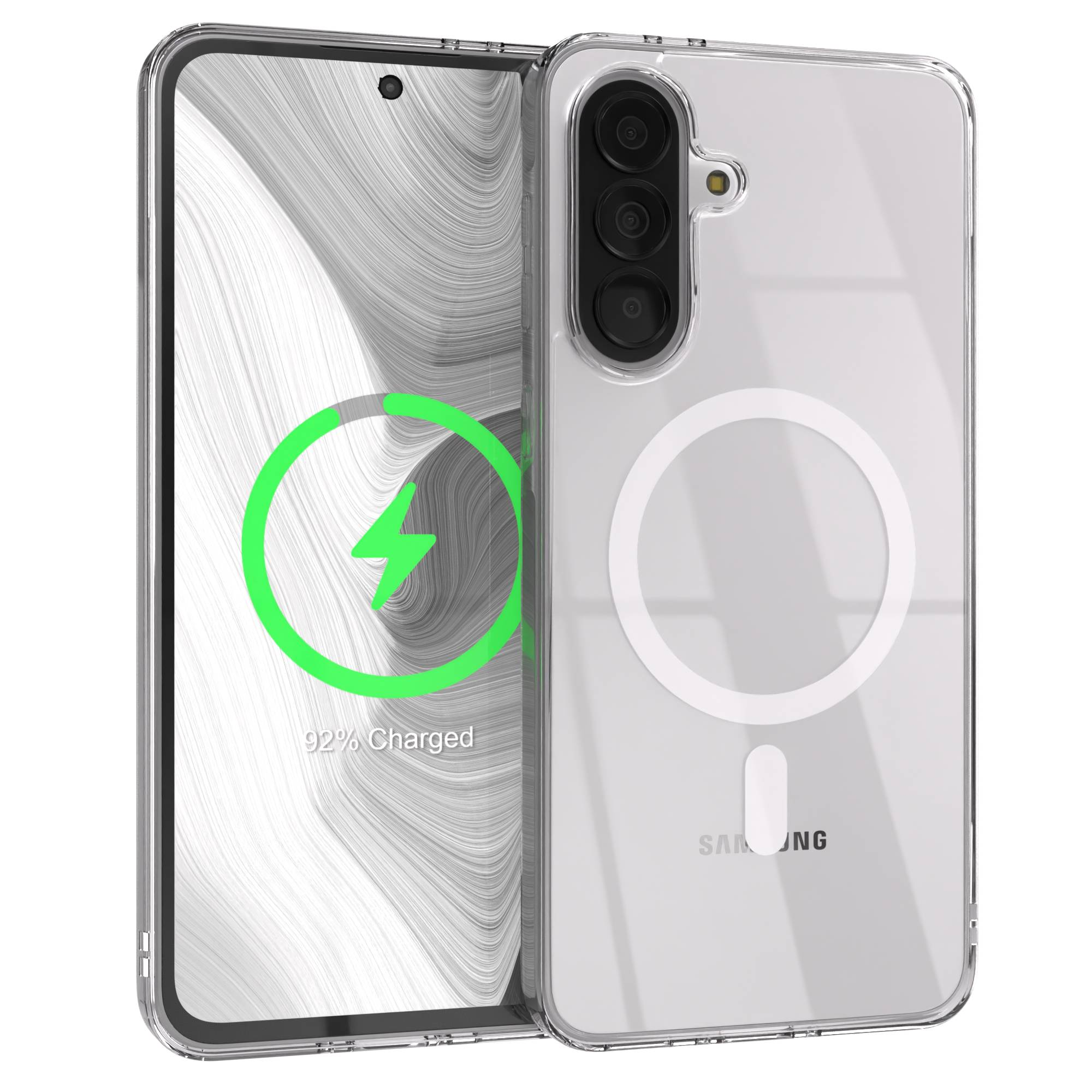 Ein transparentes Handygehäuse mit drei Kameras und einem Ladeindikator.