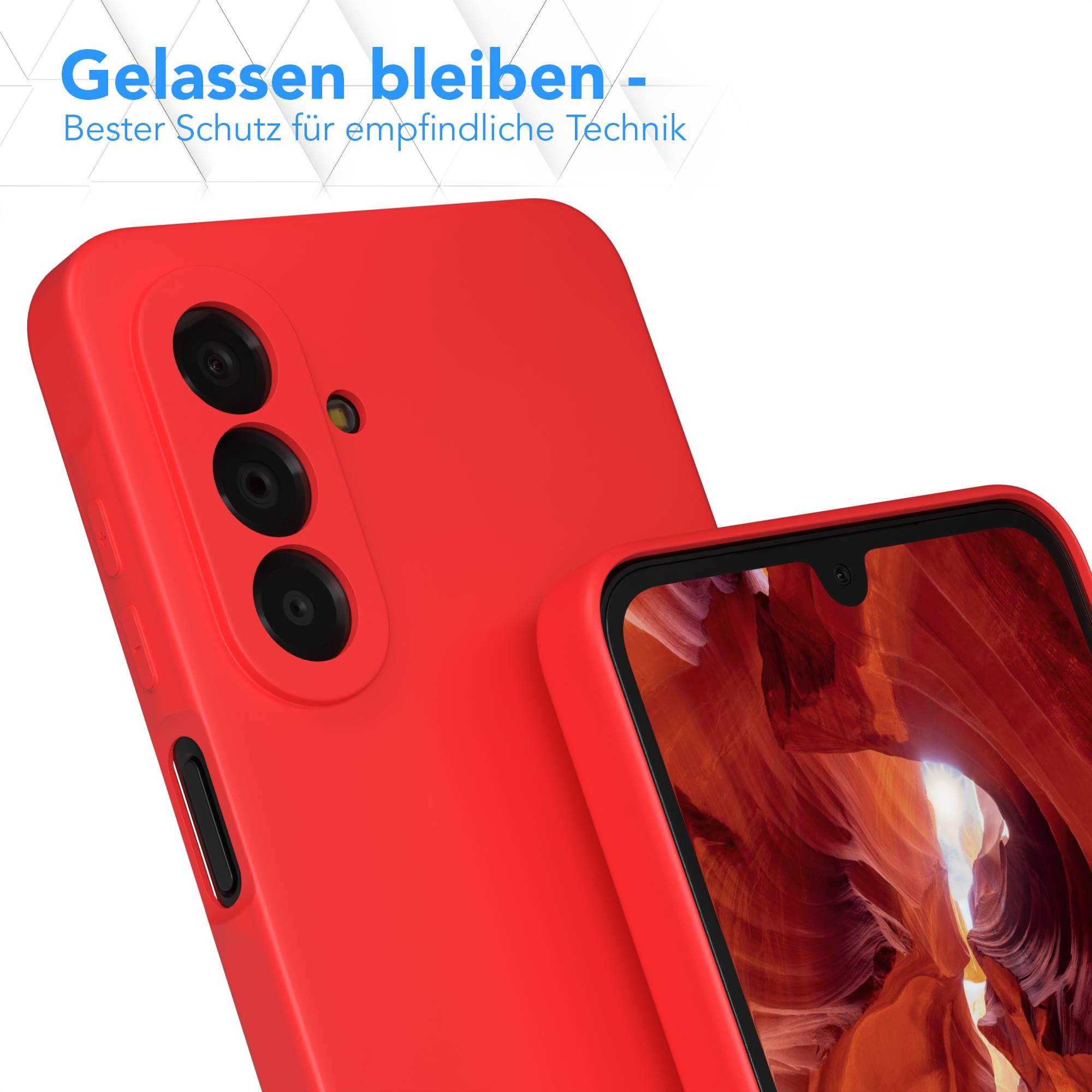 Rote Handyhülle mit Kameraöffnung und einem Display mit Canyon-Tapete.