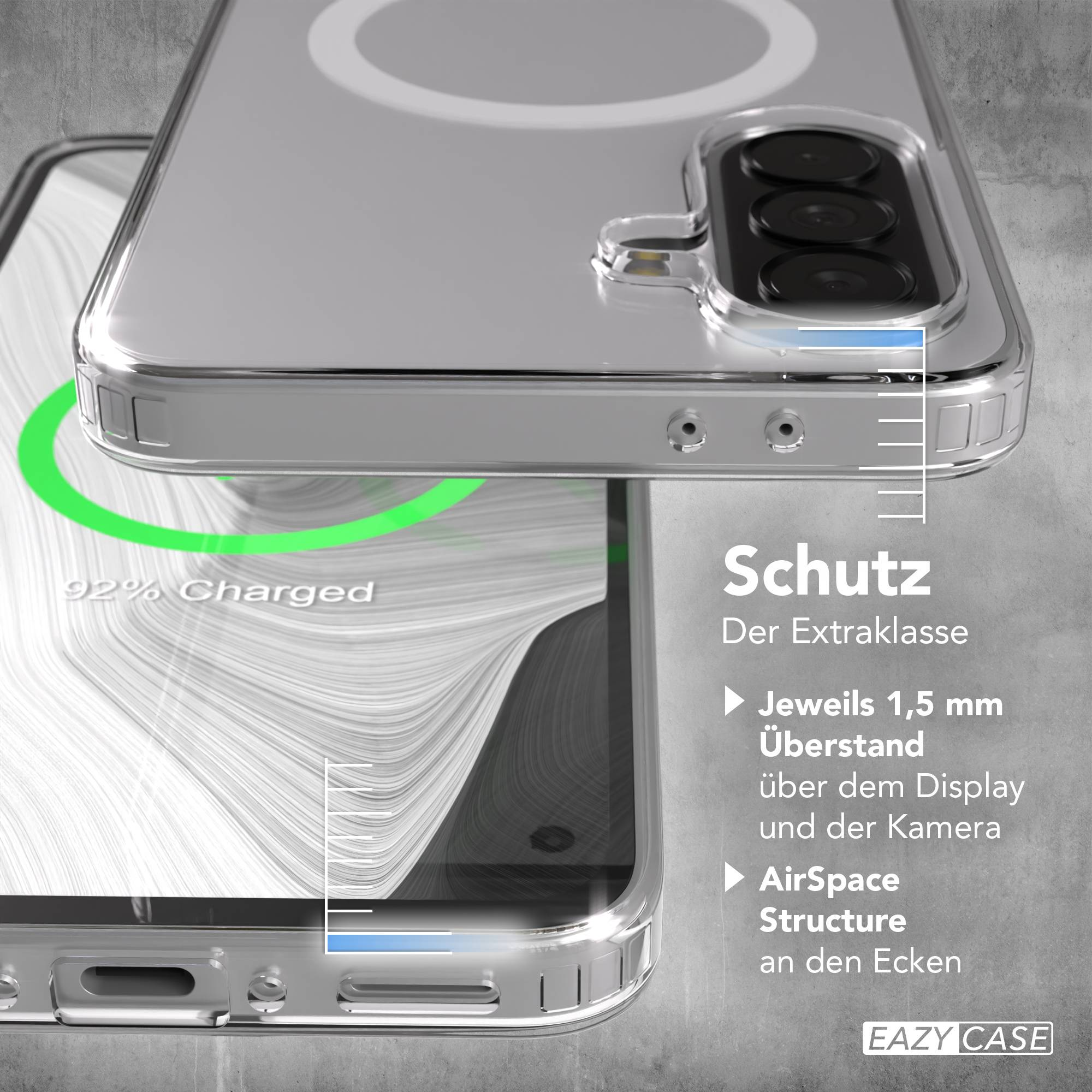 Ein transparentes Handycase schützt ein Handy mit 92% geladenem Akku.