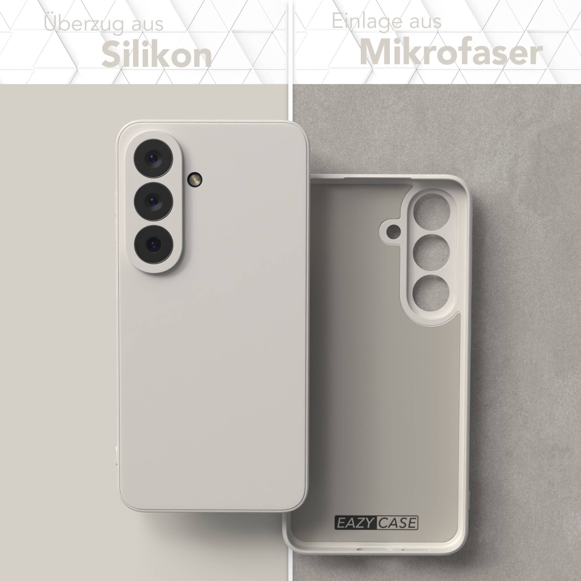 Ein hellgraues Smartphone liegt neben seiner passenden Schutzhülle.