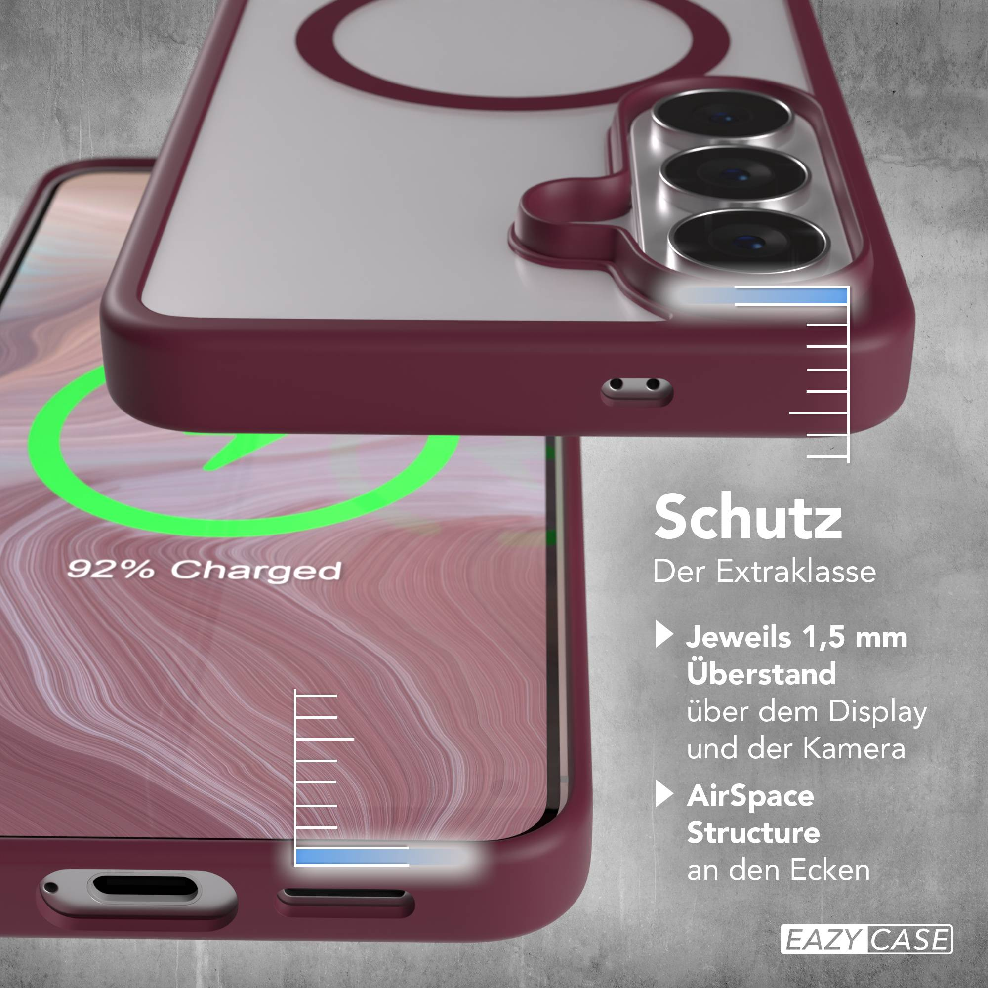 Ein dunkelrotes Handycover schützt ein Handy mit 92% Ladung und drei Kameras.