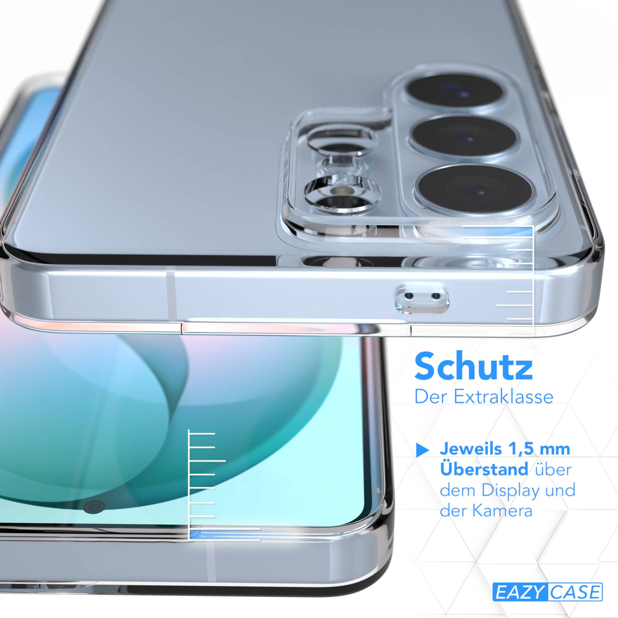 Transparente Schutzhülle für ein Smartphone mit Kamerainsel und Display.