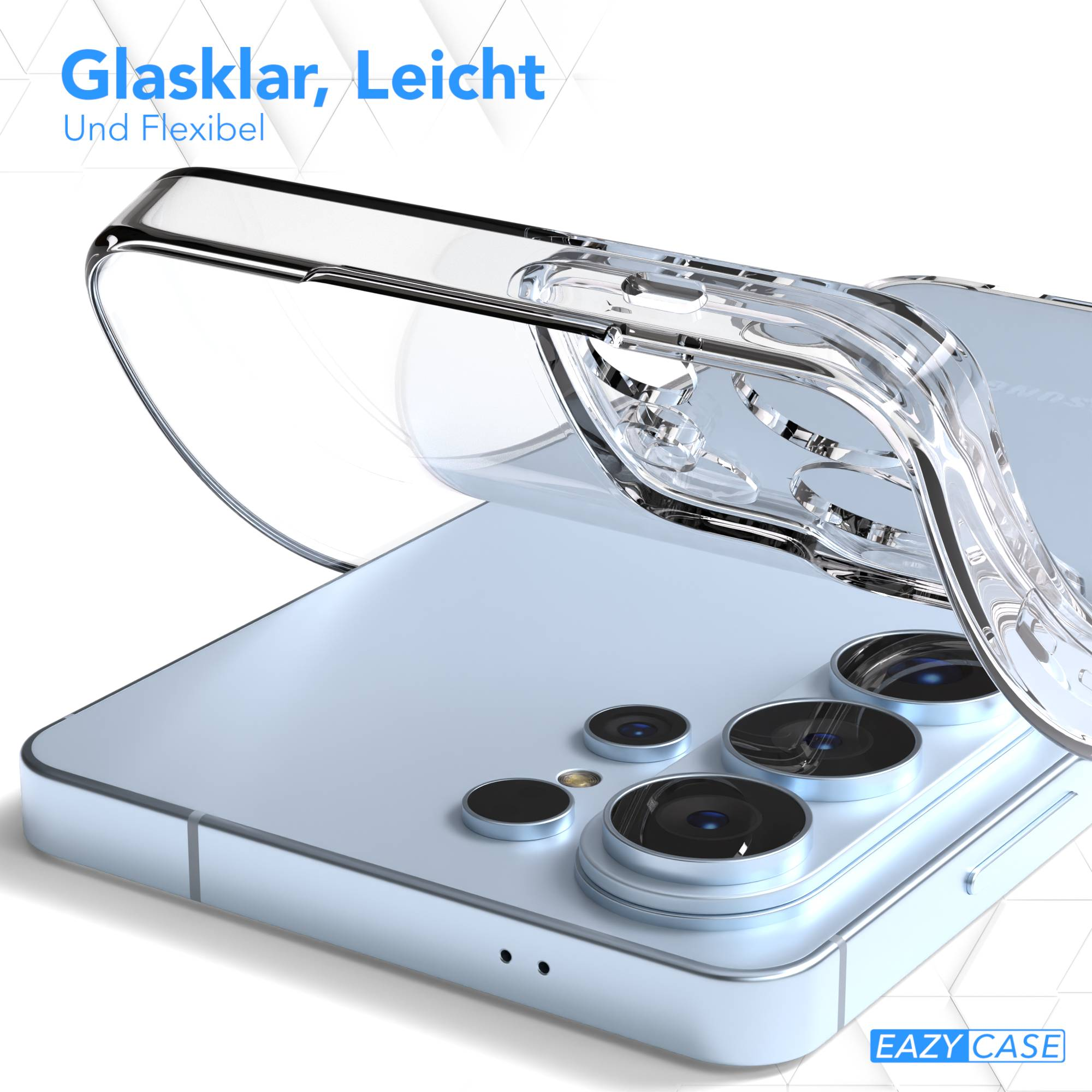 Eine transparente Handyhülle liegt auf einem hellblauen Smartphone.