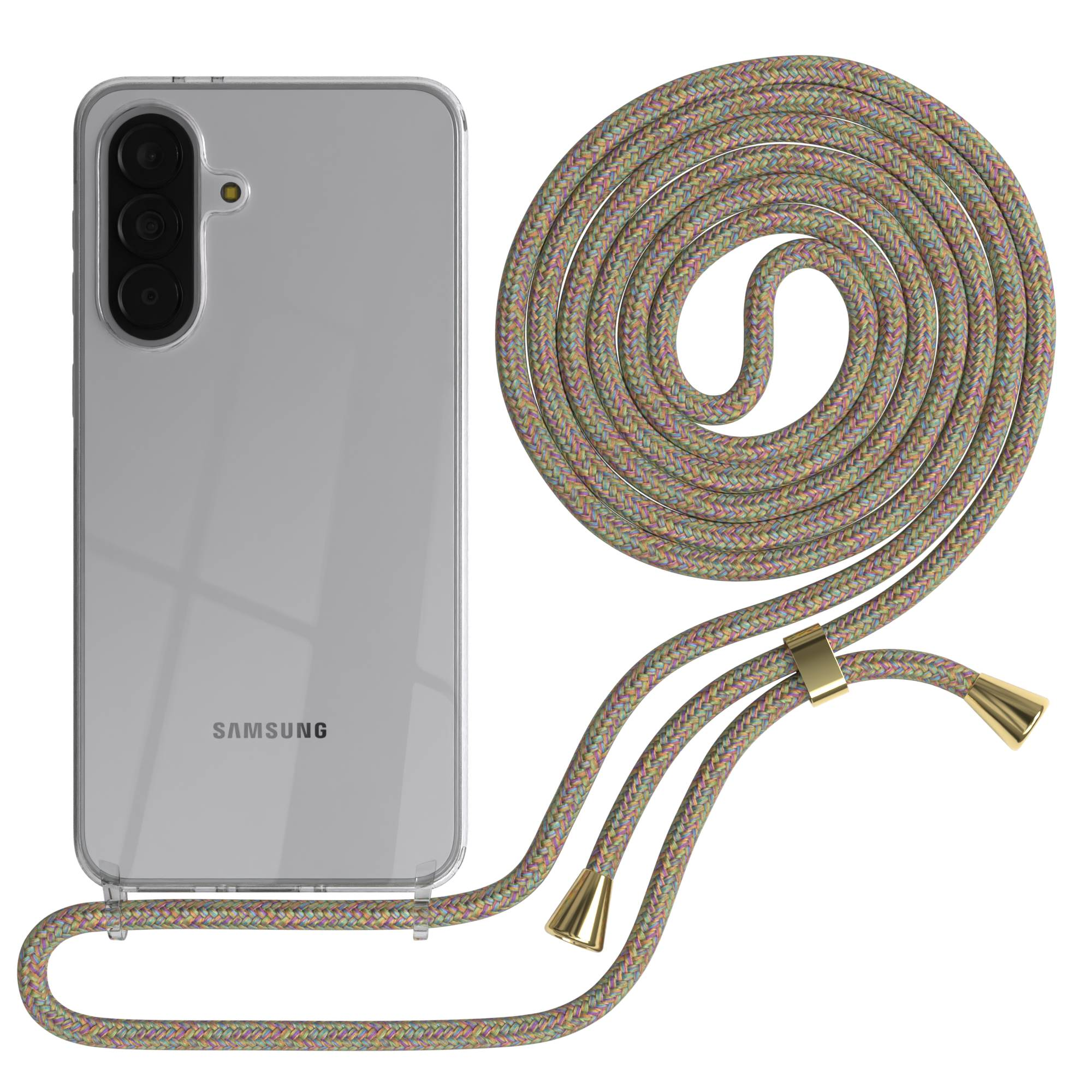 Ein transparentes Samsung-Handy mit Kameras und einem bunten Trageband.