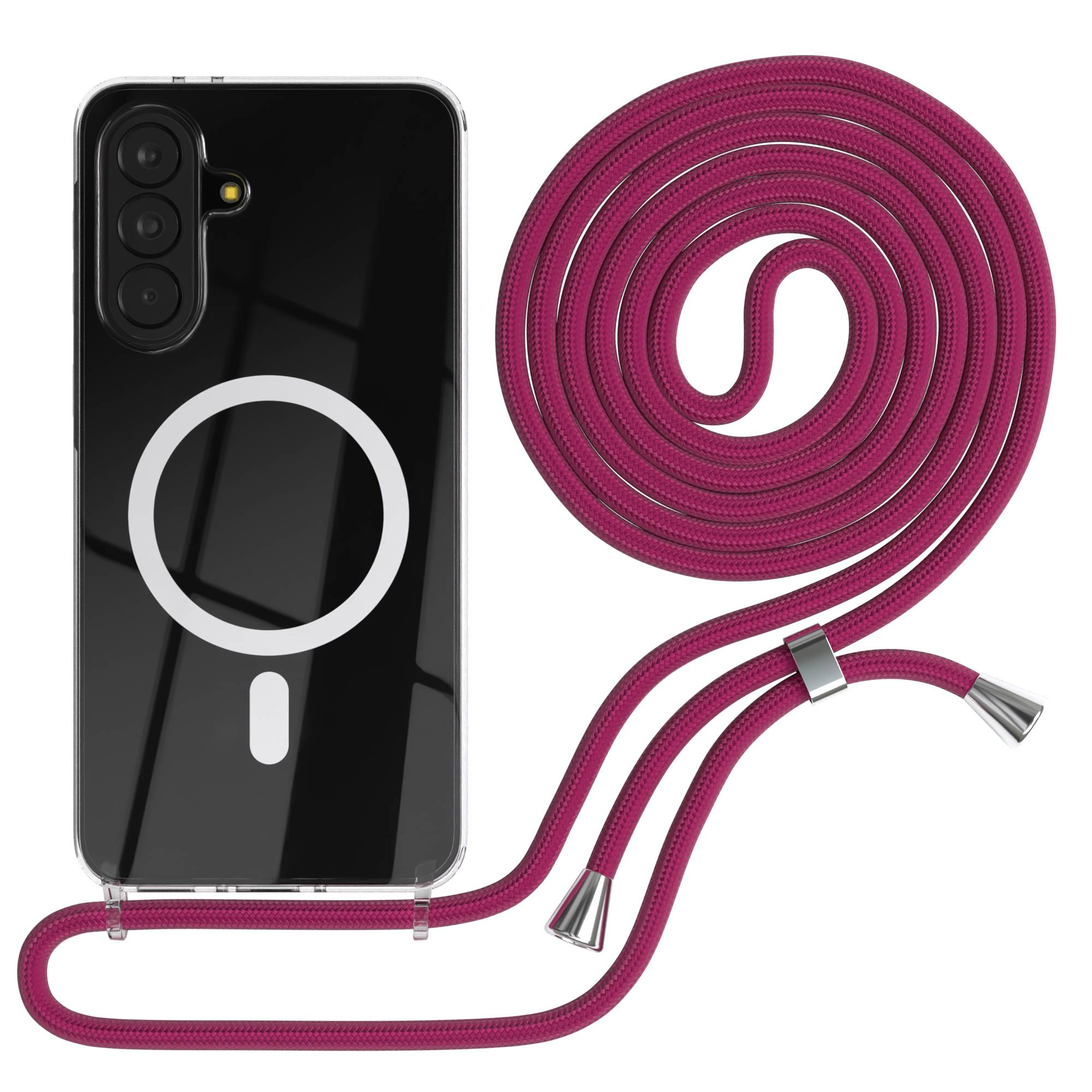 Transparente Hülle mit magischem Kreis für ein Smartphone und eine pinke Kordel.