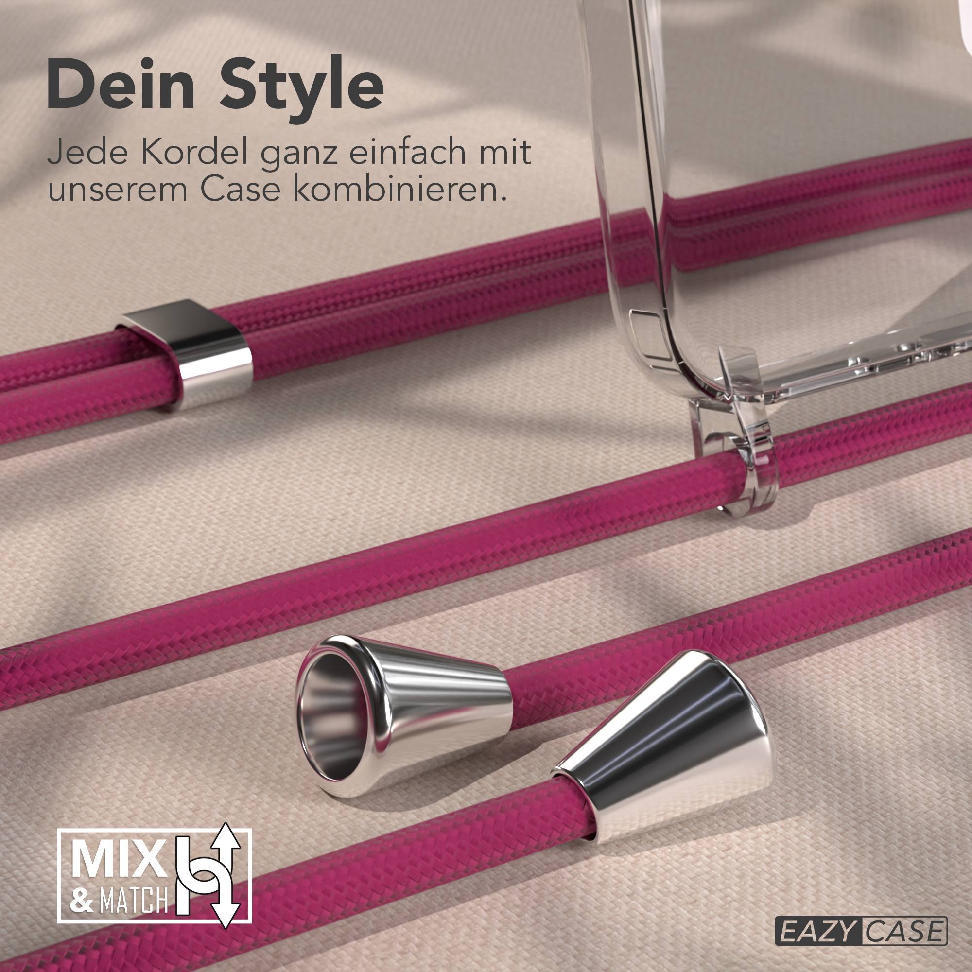 Pinke Kordeln mit silbernen Endstücken und einem transparenten Handyhülle-Detail.