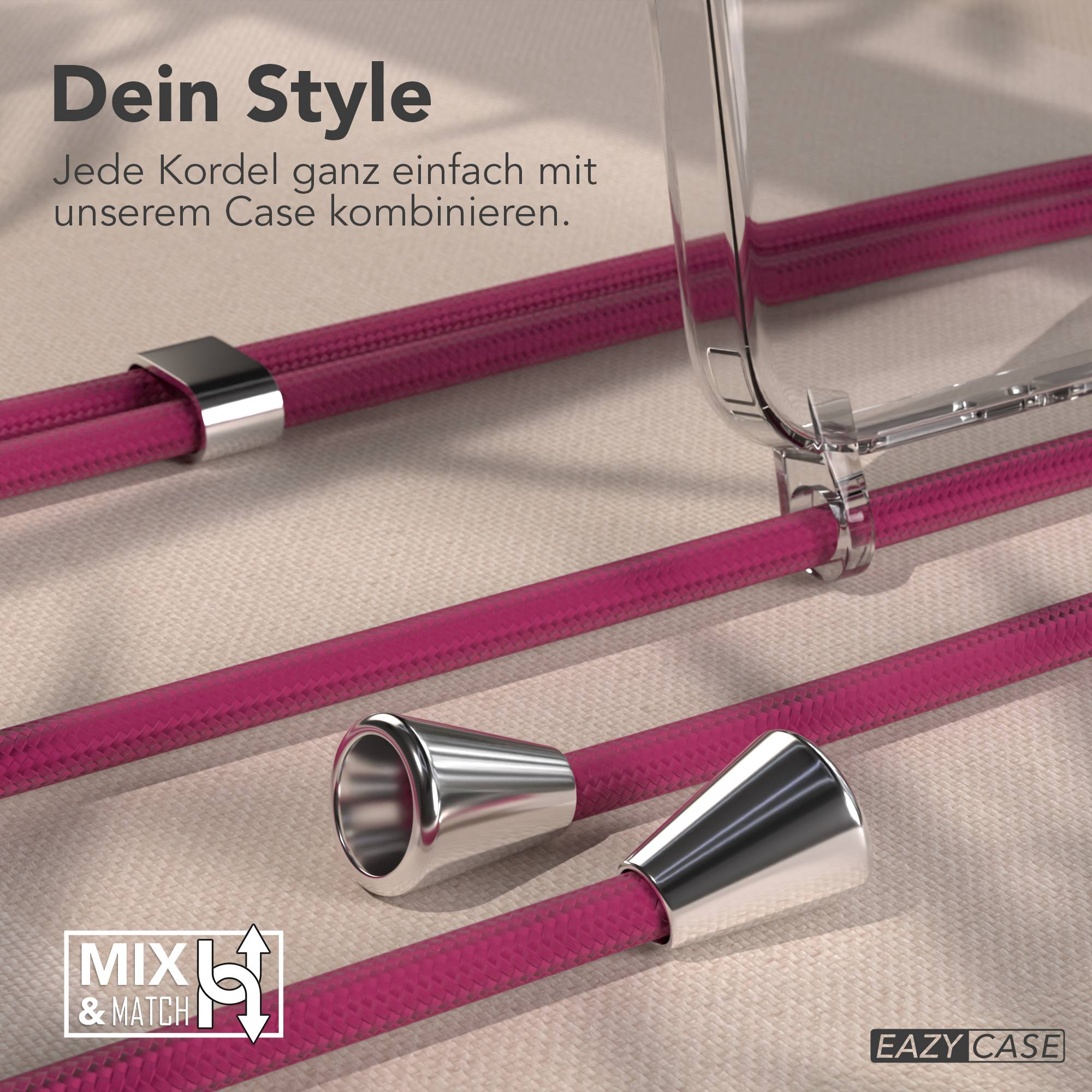 Ein Handycase mit pinken Kordeln und silbernen Akzenten.