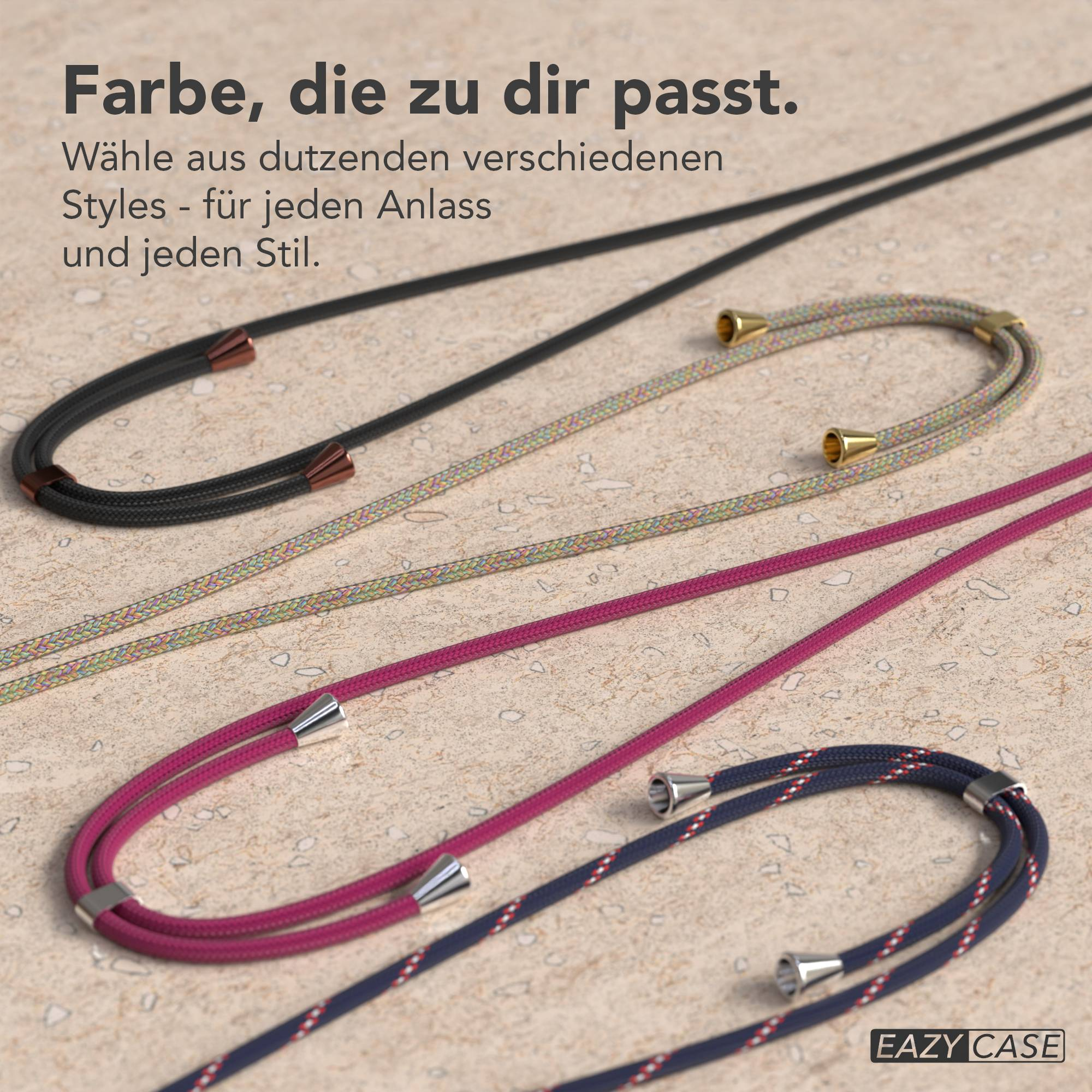 Drei Handy-Lanyards in verschiedenen Farben und Mustern liegen auf einer Steintextur.