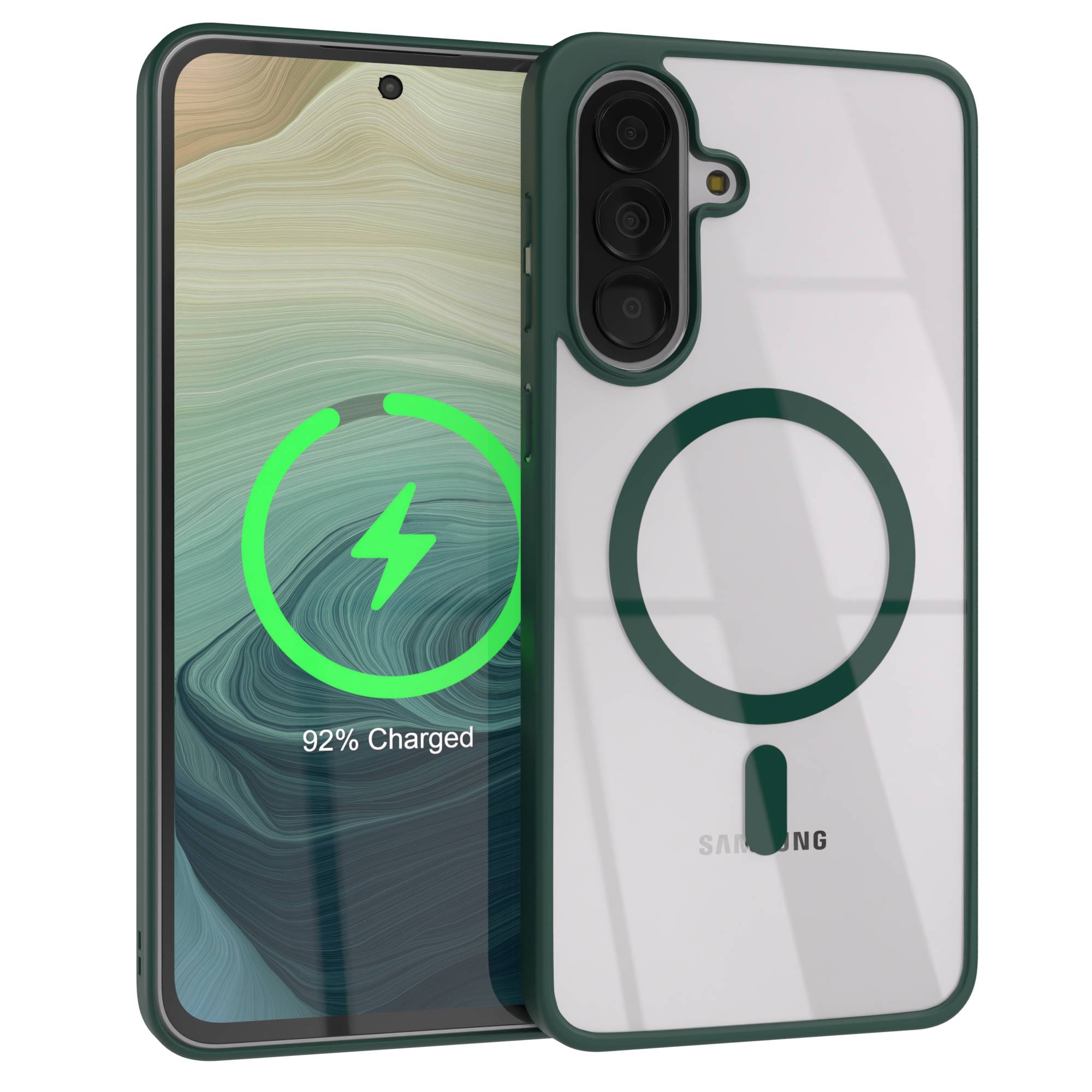 Ein Smartphone mit einer grünen Ladeanzeige und einer durchsichtigen Hülle mit Magnetring.