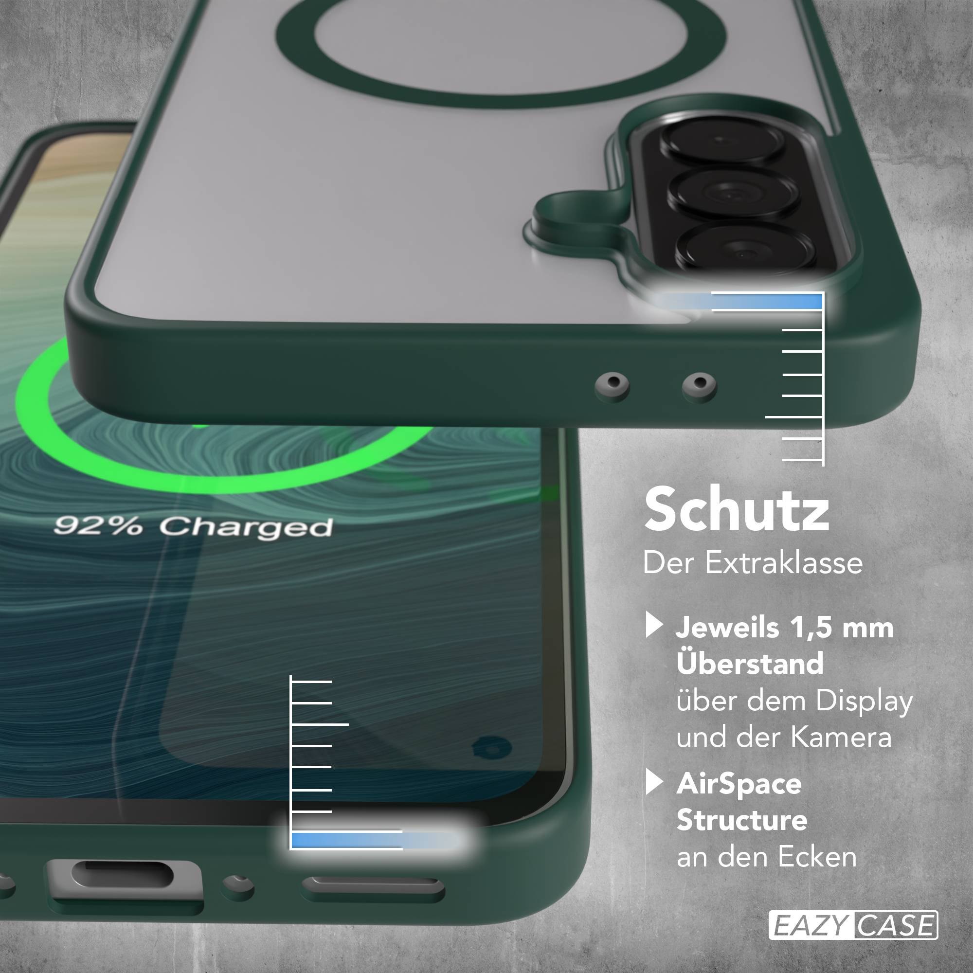 Ein grünes Handycase schützt ein Handy mit 92% Ladung. Text auf Deutsch.
