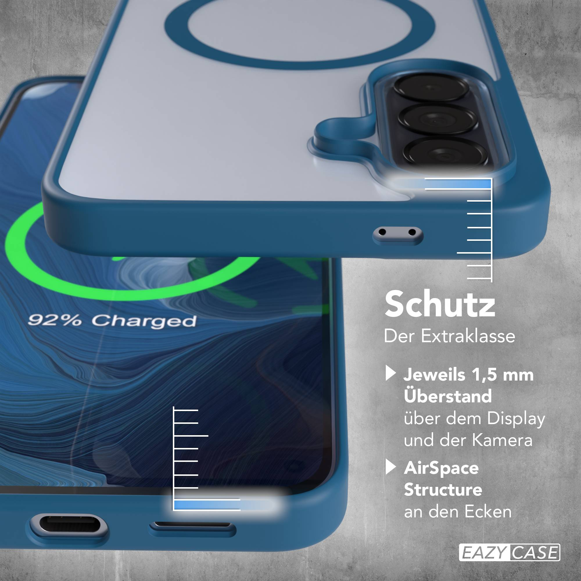 Smartphone-Hülle mit 92% Ladung, Schutz, 1,5 mm Überstand und AirSpace Struktur.